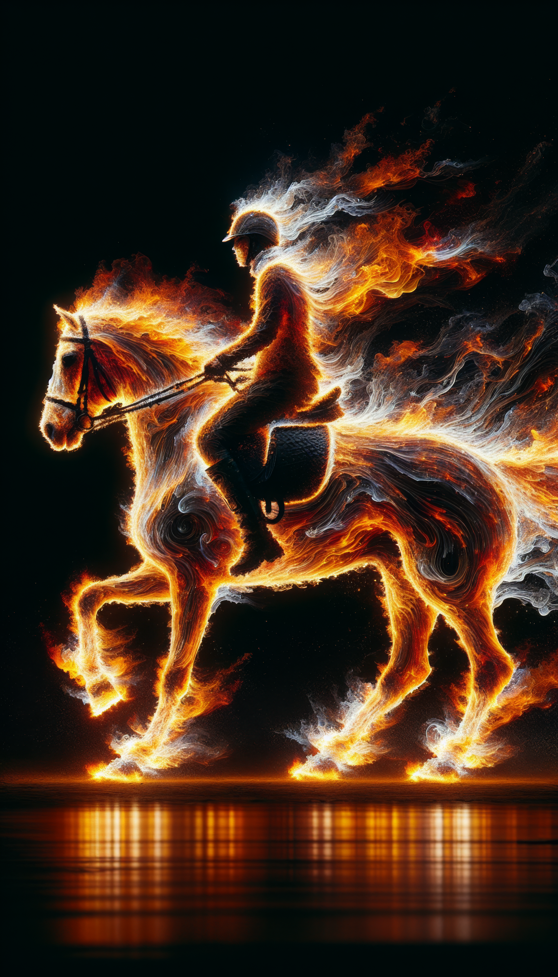 Flaming horse with rider phone wallpaper depicting dynamic horseback riding on a fiery steed for equestrian enthusiasts.