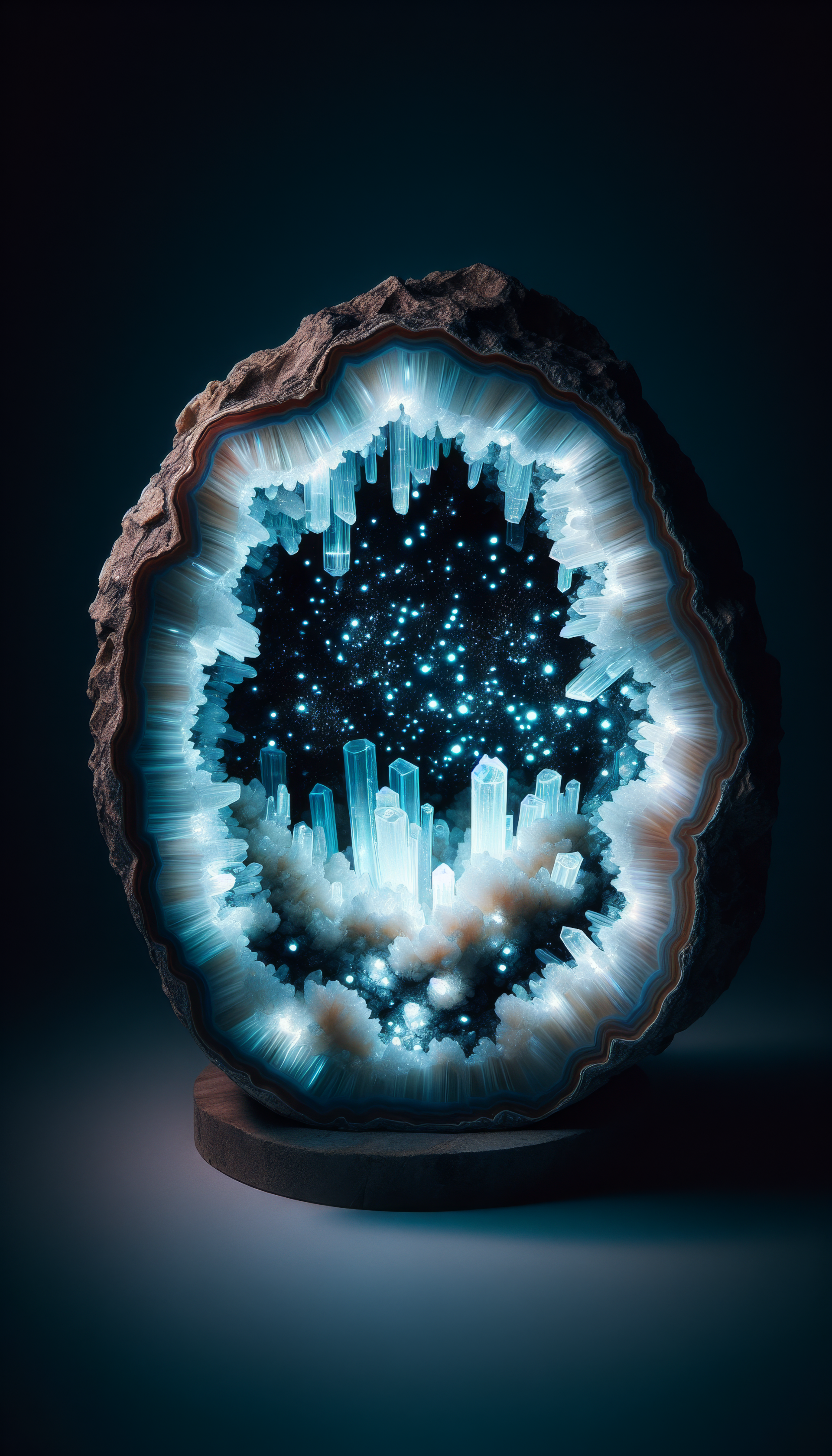 A striking geode radiates shimmering crystals and cosmic-like patterns, creating a mesmerizing phone wallpaper that captivates with its ethereal beauty.