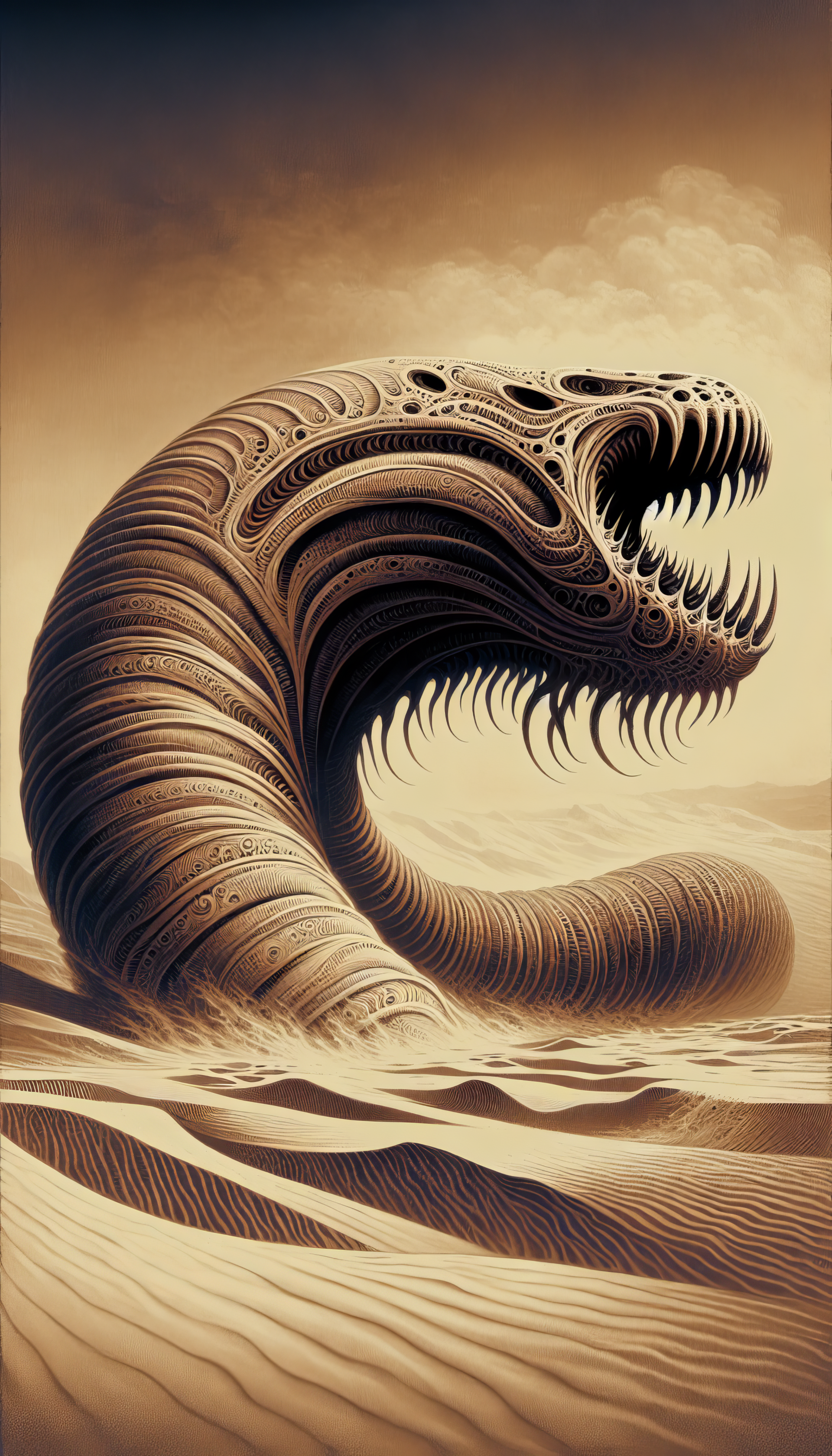 Fantasy sandworm illustration for phone wallpaper set against a desert backdrop.