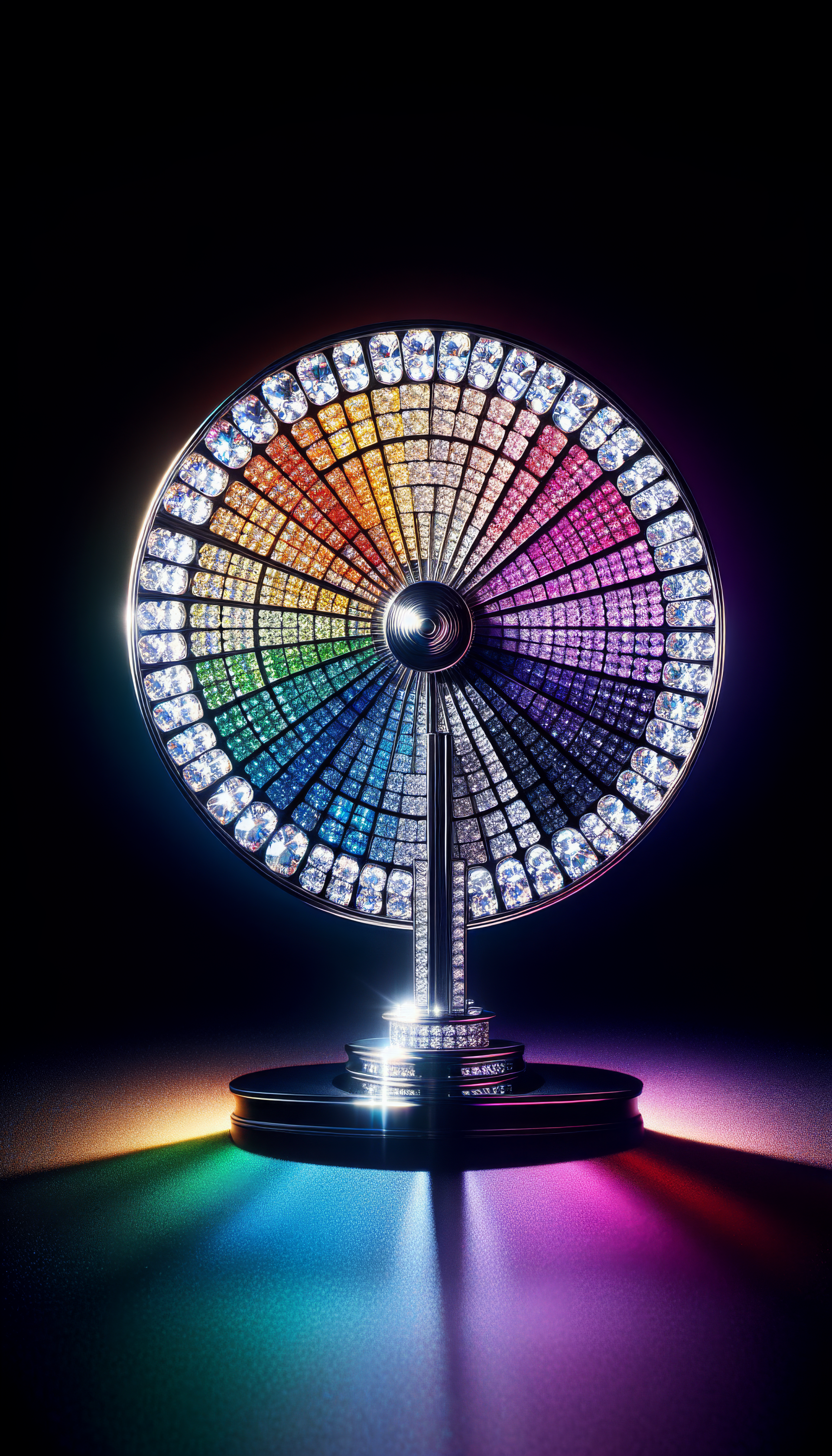 A sparkling color wheel with vibrant hues illuminated against a dark background, designed as an eye-catching phone wallpaper.