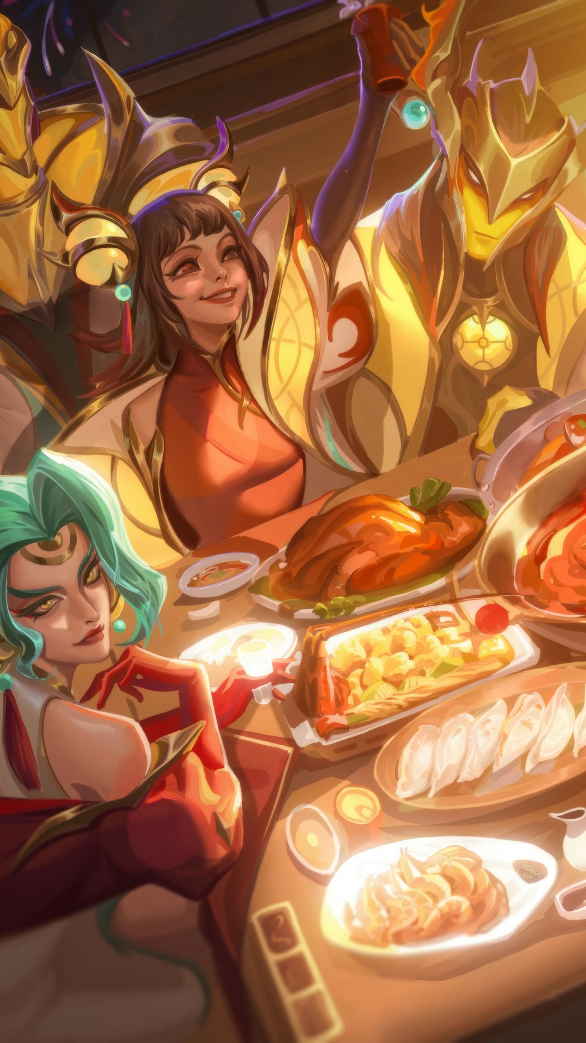 A vibrant phone wallpaper featuring Zeri, Zyra, and Aatrox from League of Legends, gathered around a table filled with delicious food, enjoying a lively meal together.