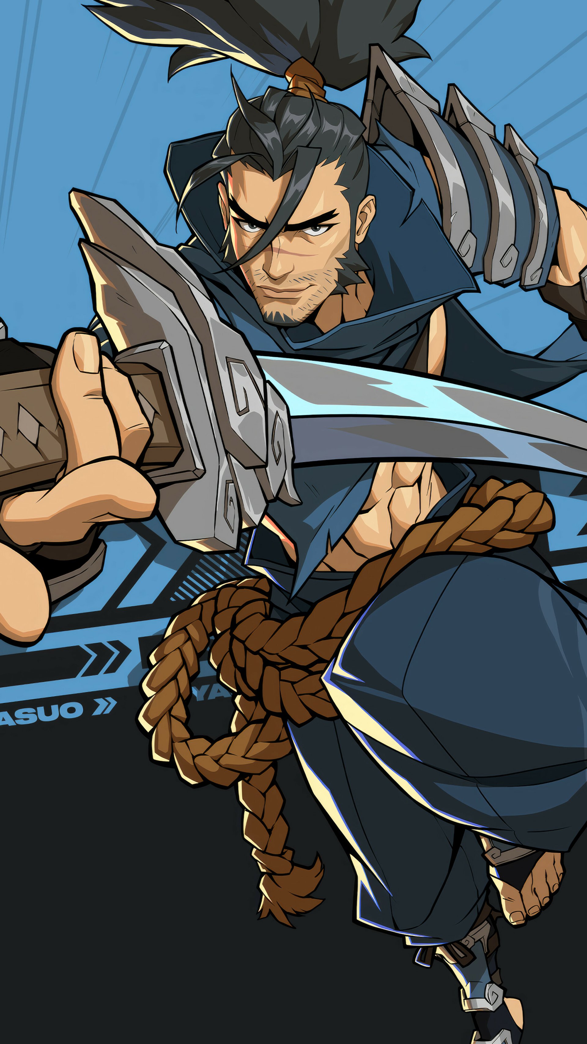 Yasuo from League of Legends in dynamic stance for mobile wallpaper.