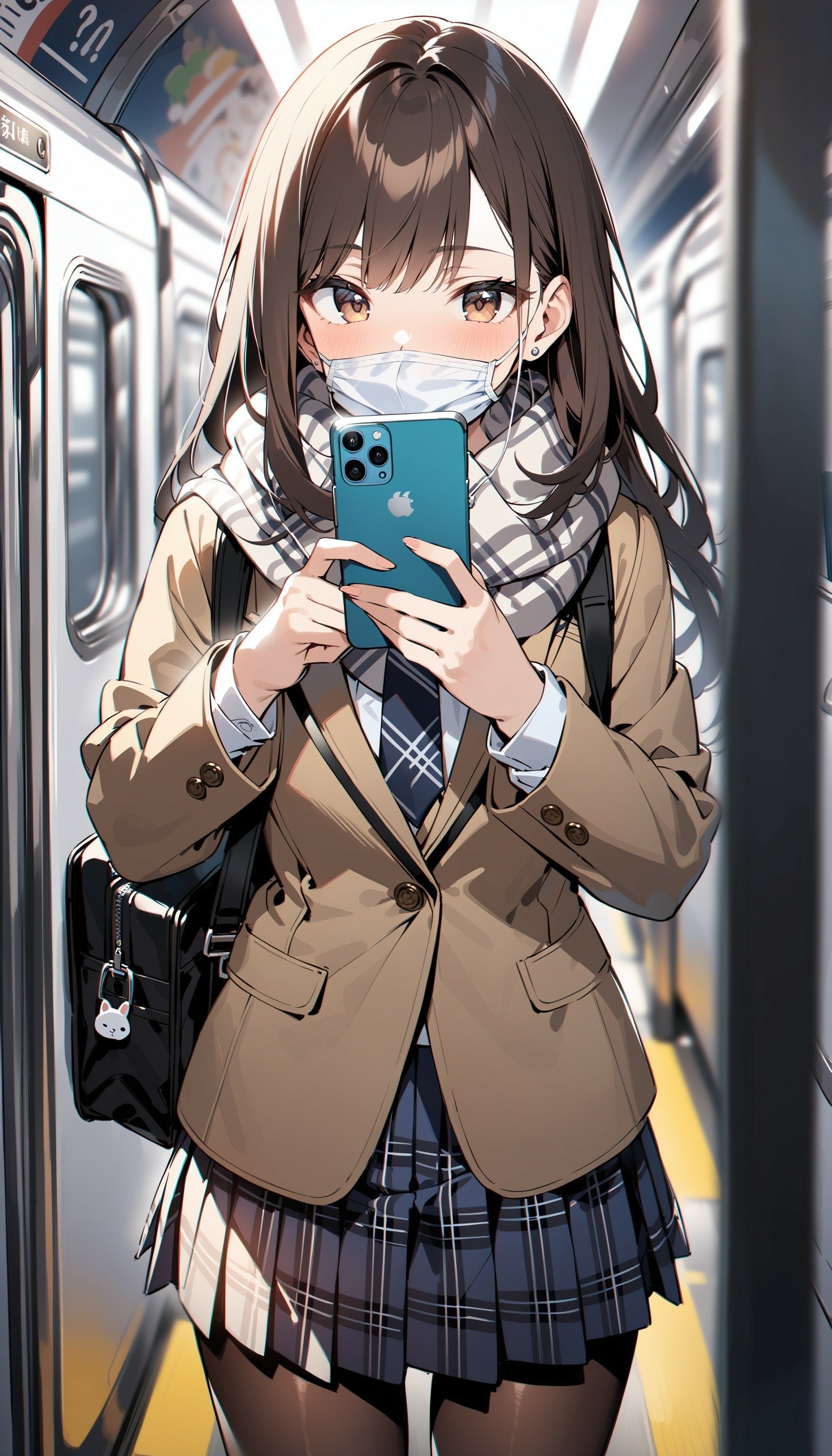 Phone wallpaper of a girl in a school uniform and blazer, wearing a scarf and mask, taking a selfie on a subway train, compatible with iPhones and Android phones.