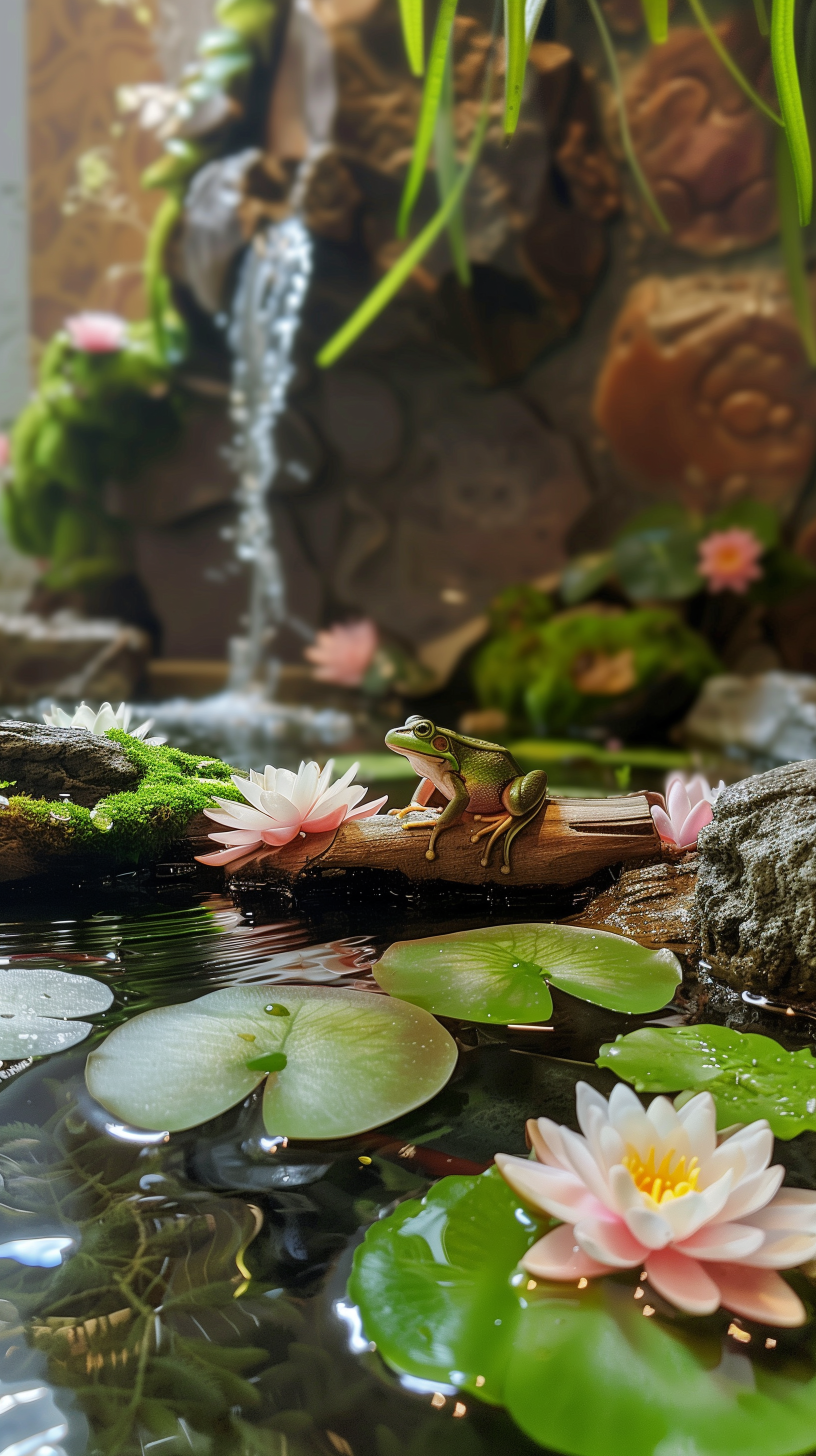 A serene garden pond features a frog resting on a log among blooming lilies, with a gentle waterfall in the background, creating a tranquil phone wallpaper.
