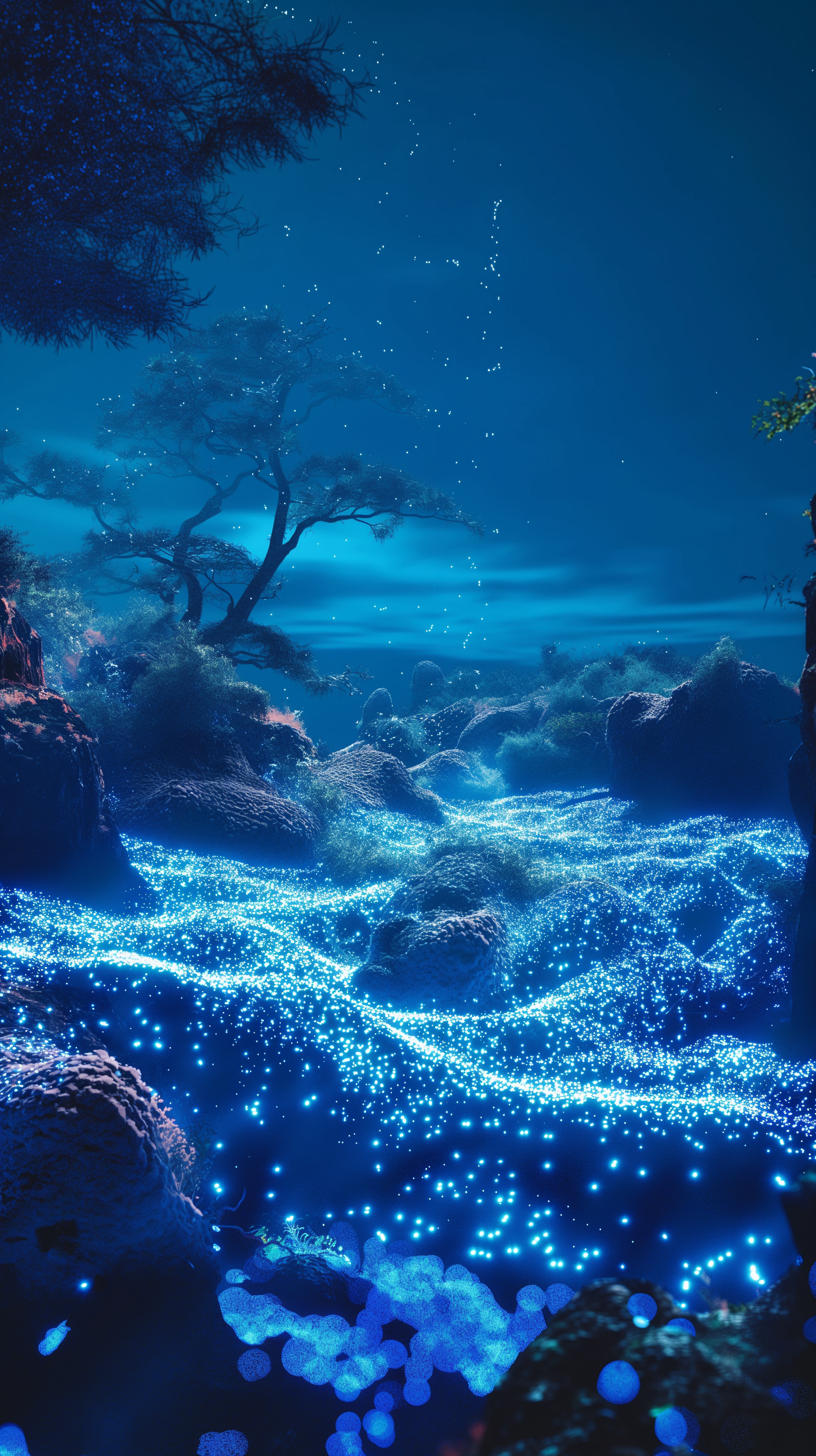 Stunning phone wallpaper showcasing bioluminescent coral and marine life in a mesmerizing underwater scene.