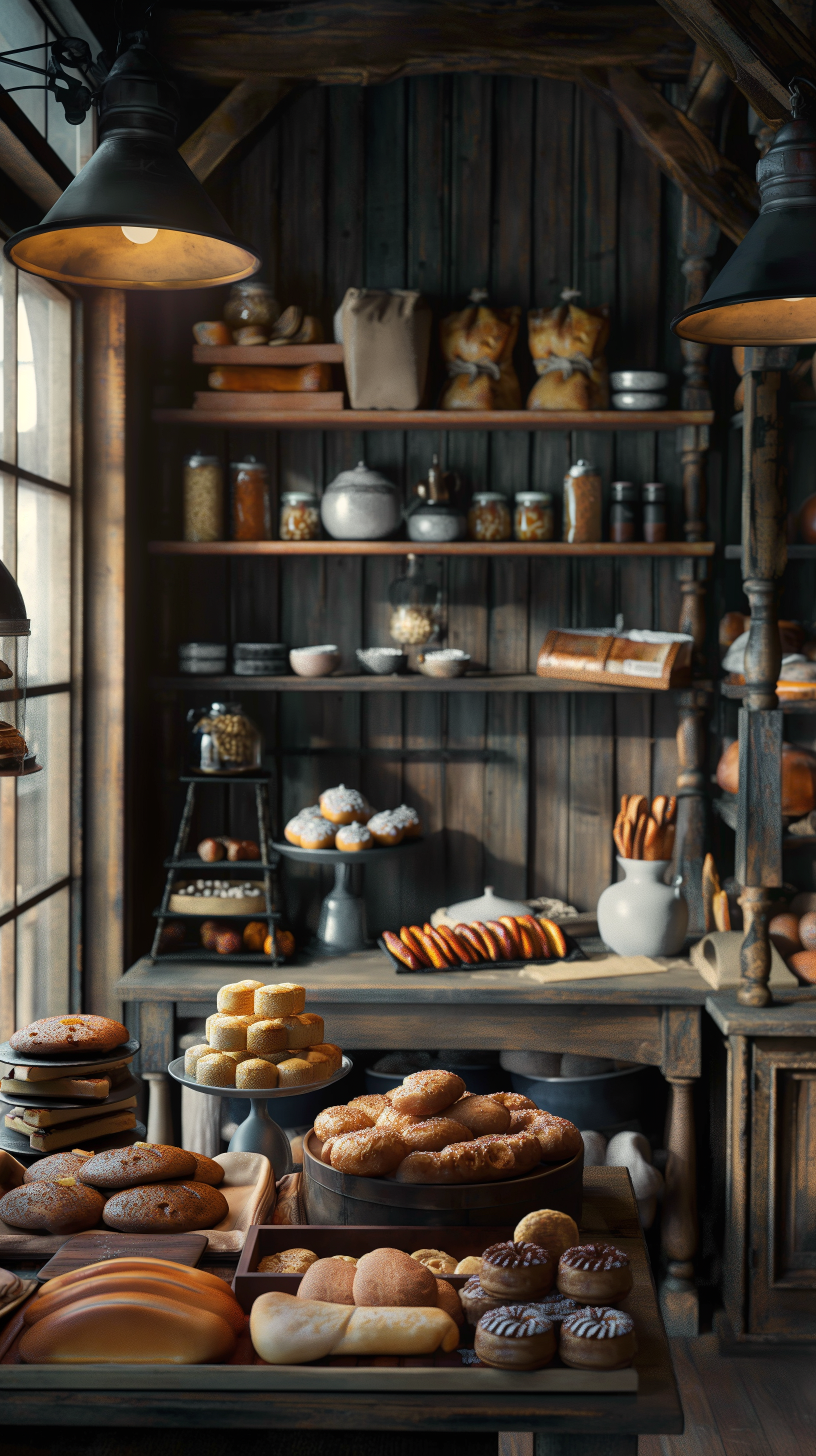 A cozy bakery shelf displays an array of muffins, bread, and cookies, all set against a warm, rustic backdrop, making an inviting phone wallpaper.