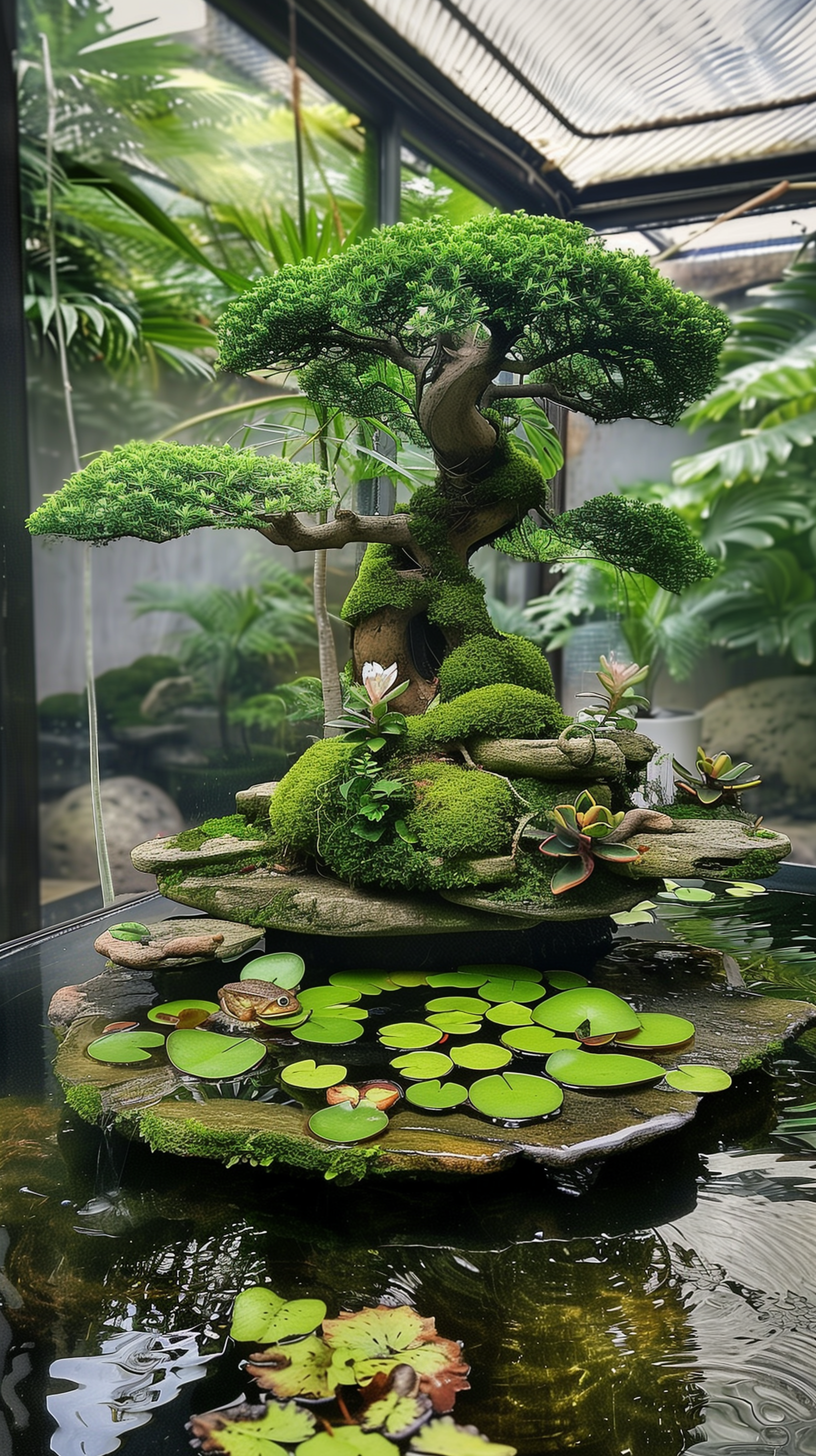 A serene bonsai tree adorned with lush moss sits atop a rocky base in a garden pond surrounded by green lily pads and a playful frog, creating a tranquil phone wallpaper.