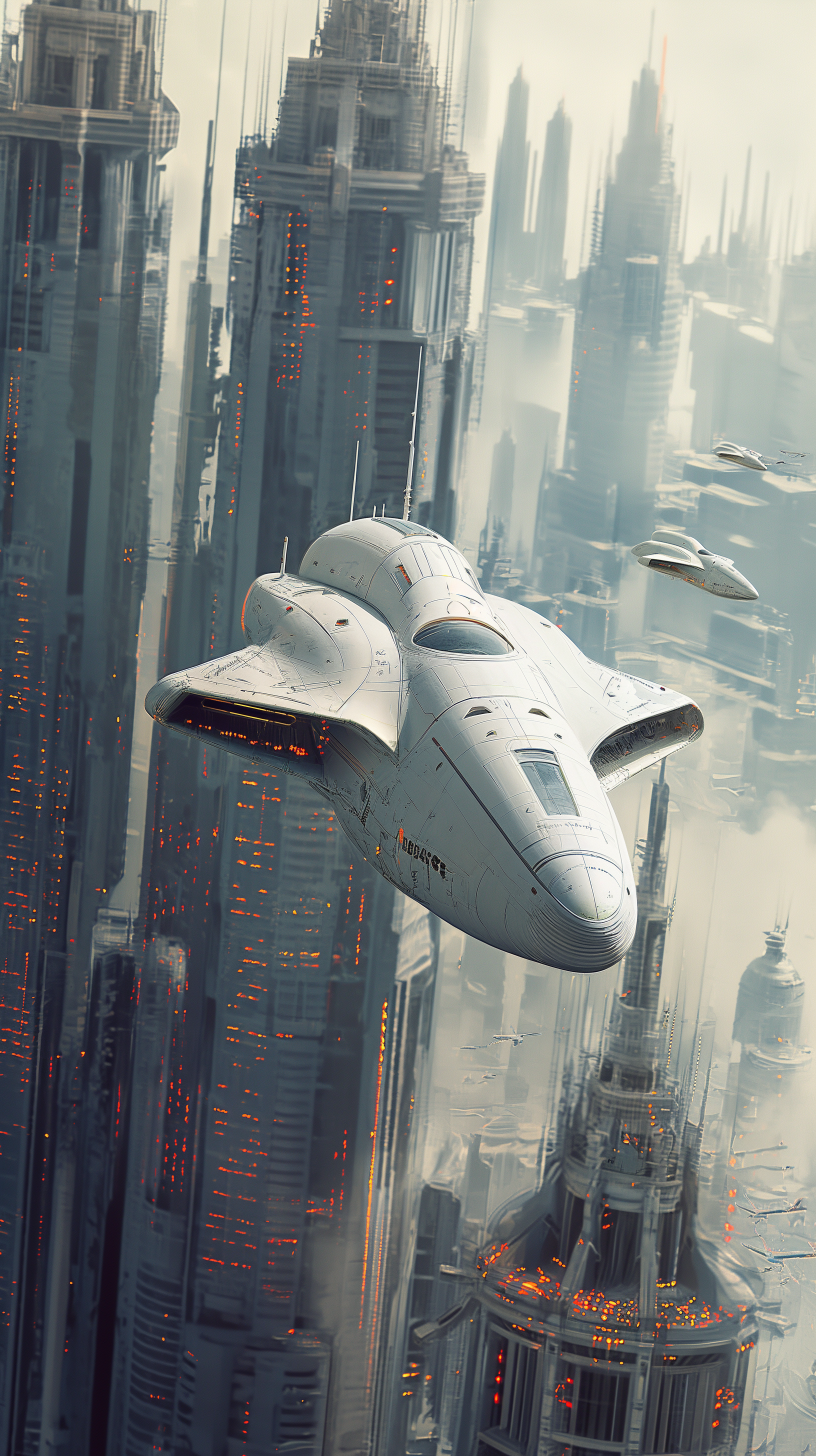 Spaceship flying through a retro-futuristic cityscape phone wallpaper.