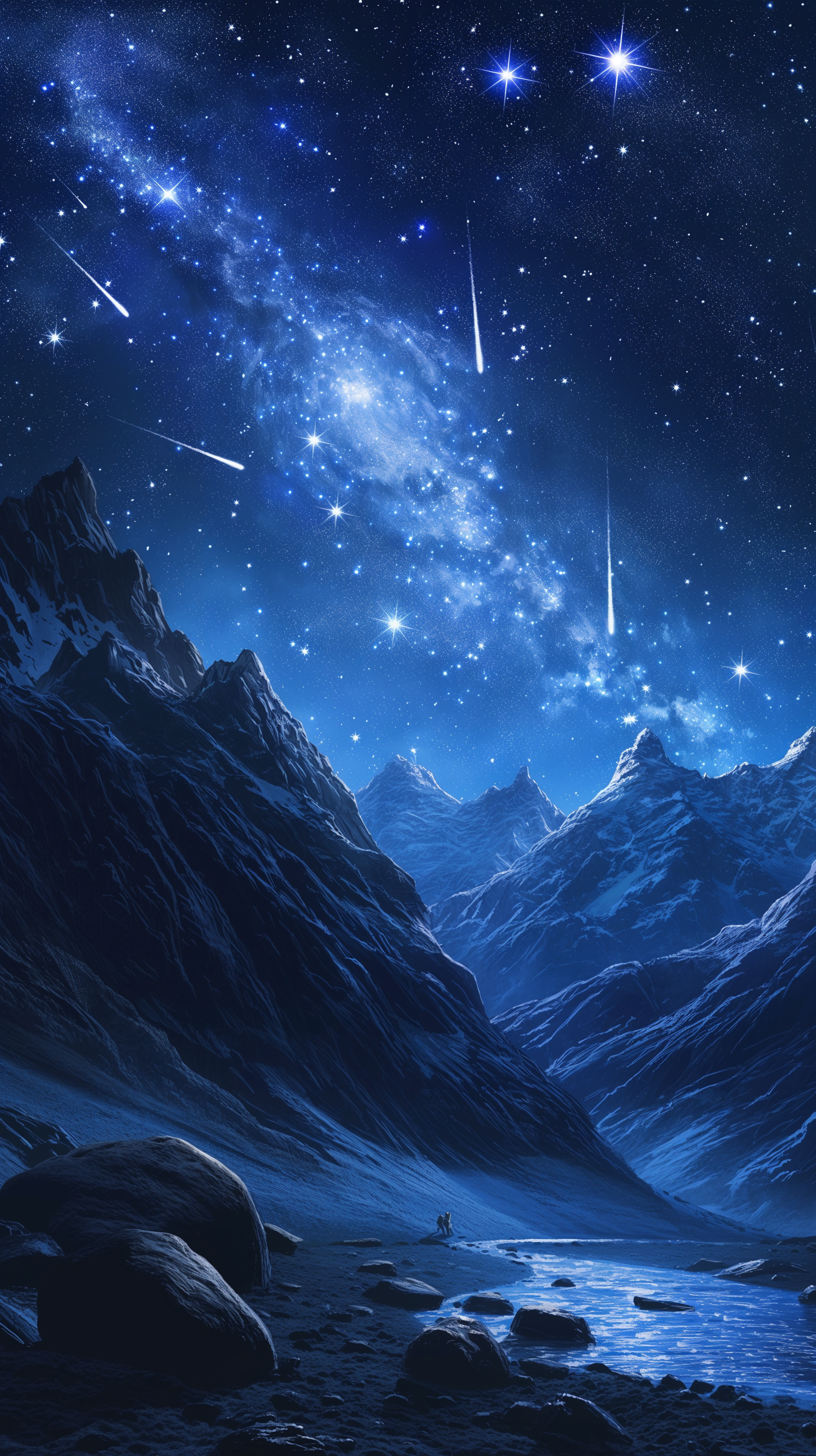 A breathtaking phone wallpaper featuring a majestic canyon under a starry galaxy, with shooting asteroids illuminating the night sky and rocky terrain.