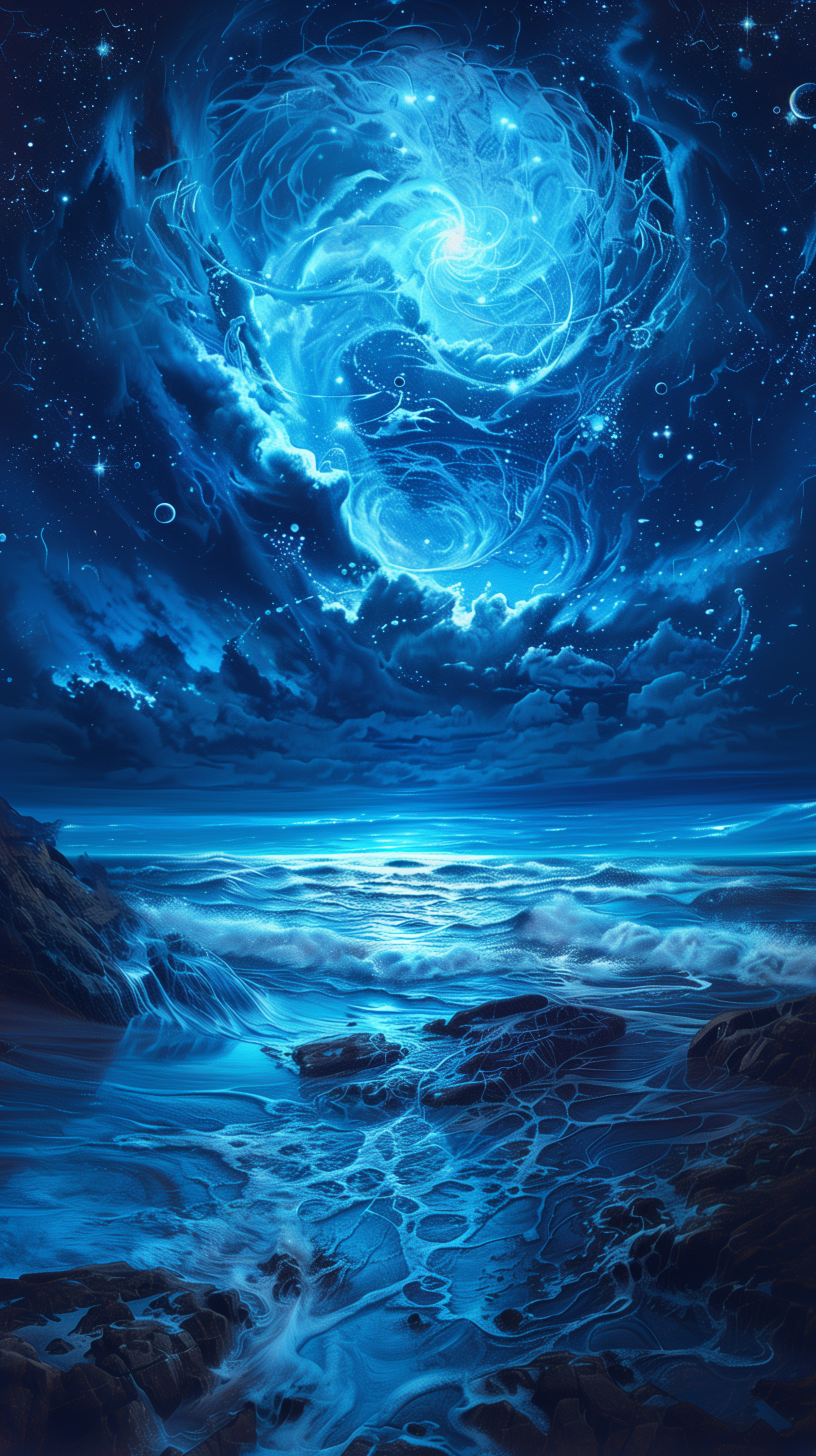 Bioluminescent waves on ocean shoreline under starry sky phone wallpaper
