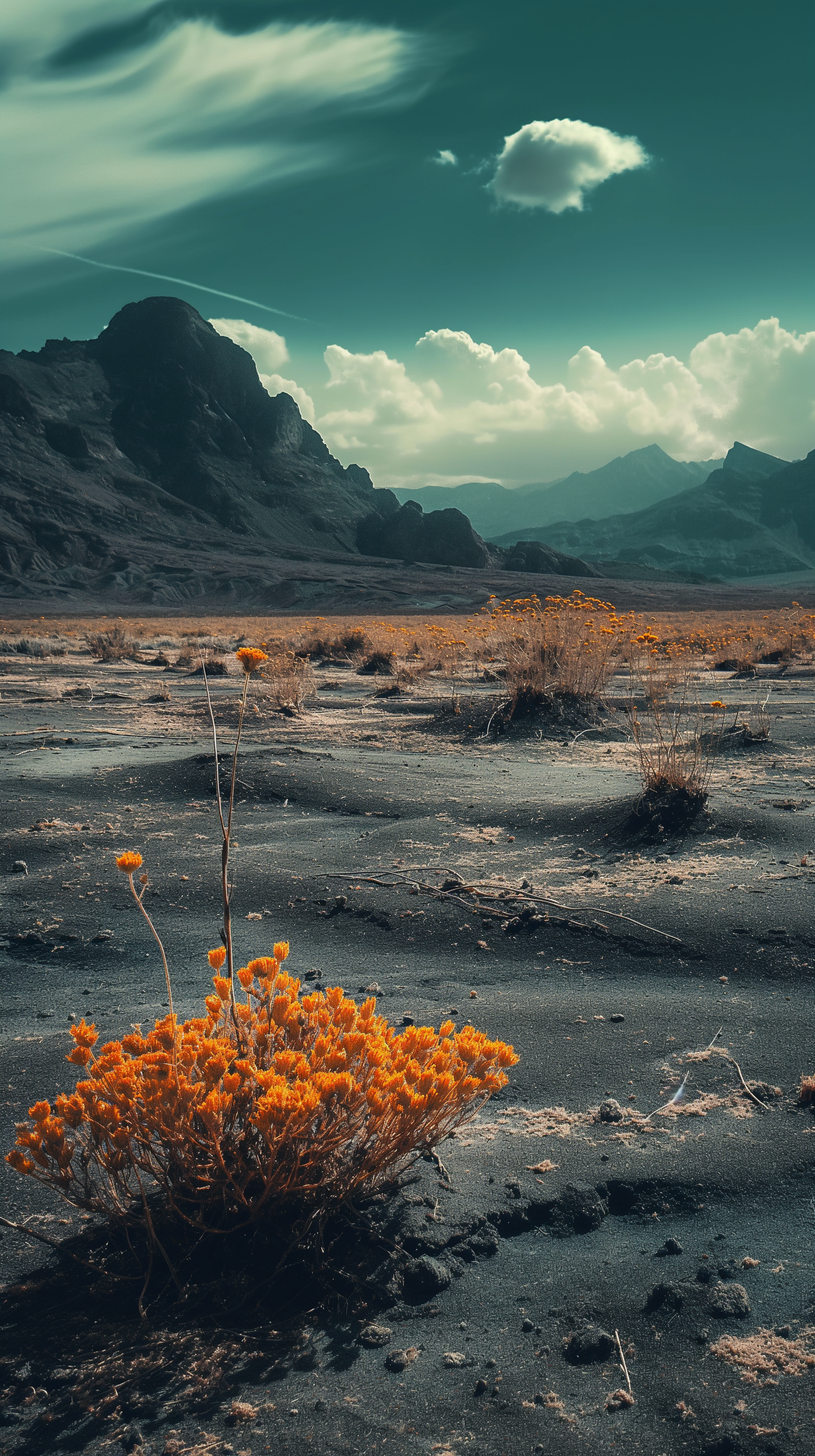 Alt Text: Barren landscape wallpaper showcasing vibrant orange flora against a backdrop of stark mountains under a dramatic sky with a solitary cloud.