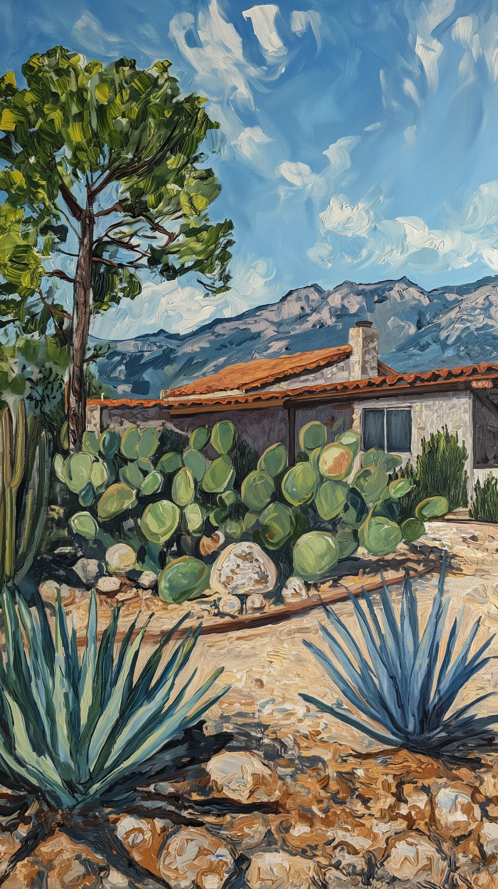 Phone wallpaper featuring a desert scene with prickly pear and saguaro cacti, agave plants, a house with a red-tiled roof, mountains, and a partly cloudy blue sky.