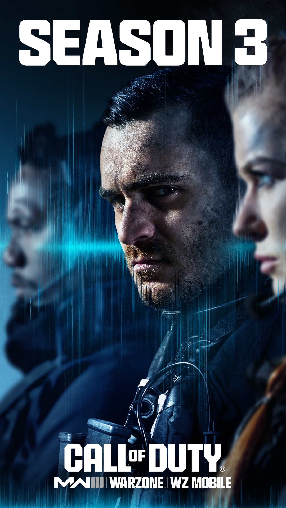 Call of Duty: Modern Warfare III Season 3 promotional phone wallpaper featuring intense character graphics.