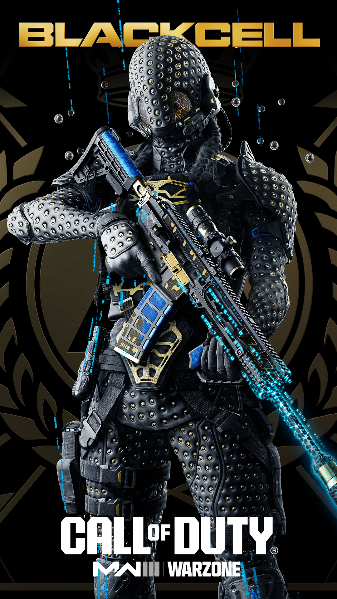 A striking phone wallpaper featuring a soldier in futuristic armor from Call of Duty: Modern Warfare III (2023), showcasing intricate detailing and a dynamic pose with a weapon.