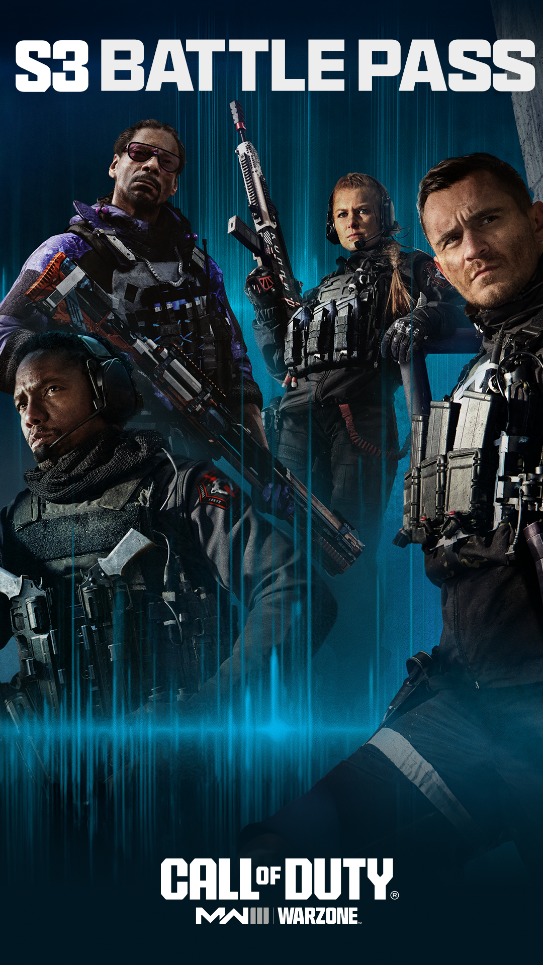 Call of Duty: Modern Warfare III Battle Pass Season 3 phone wallpaper featuring four armed characters ready for action.