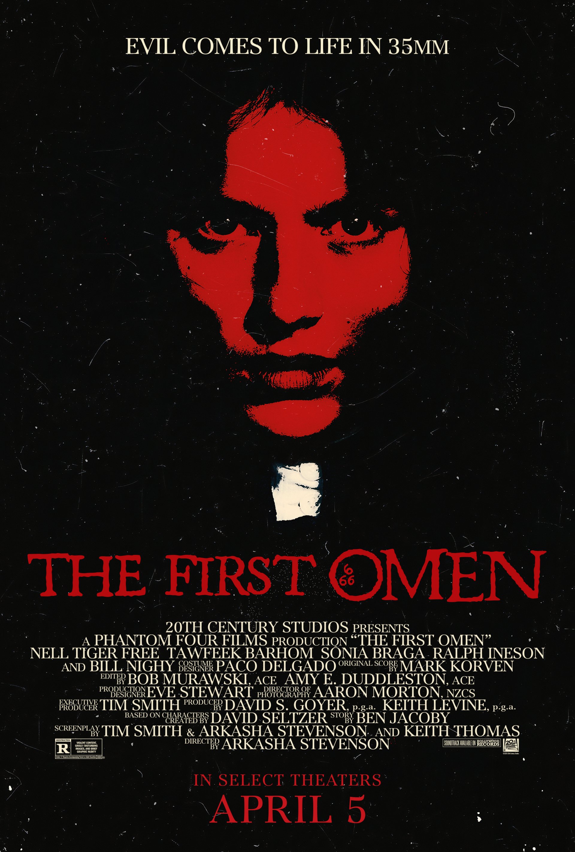 Movie poster for The First Omen featuring a mysterious silhouette with a release date of April 5, designed as a mobile phone wallpaper.
