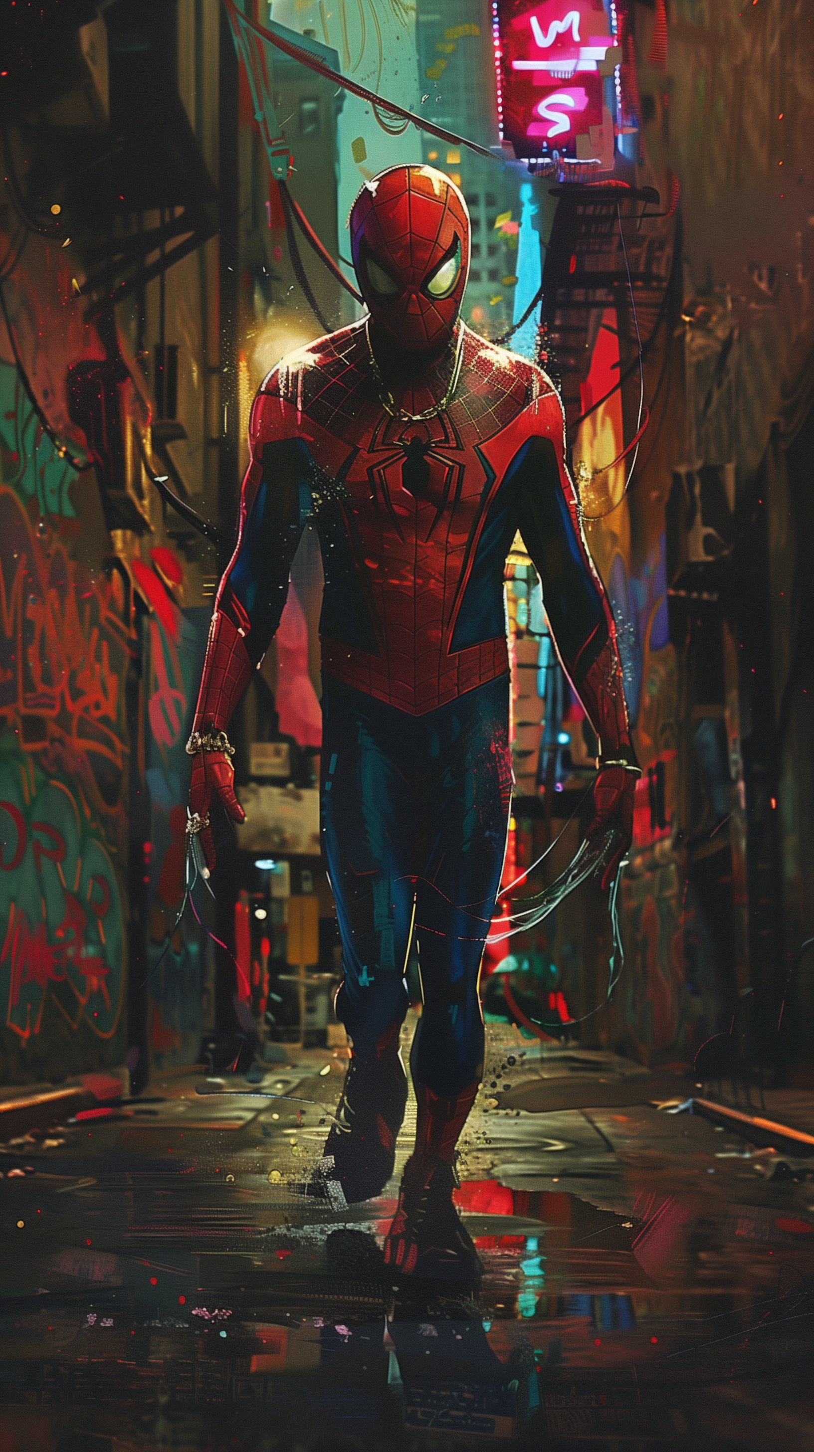 Spider-Man comic-style phone wallpaper featuring the superhero walking confidently through a neon-lit city alley.