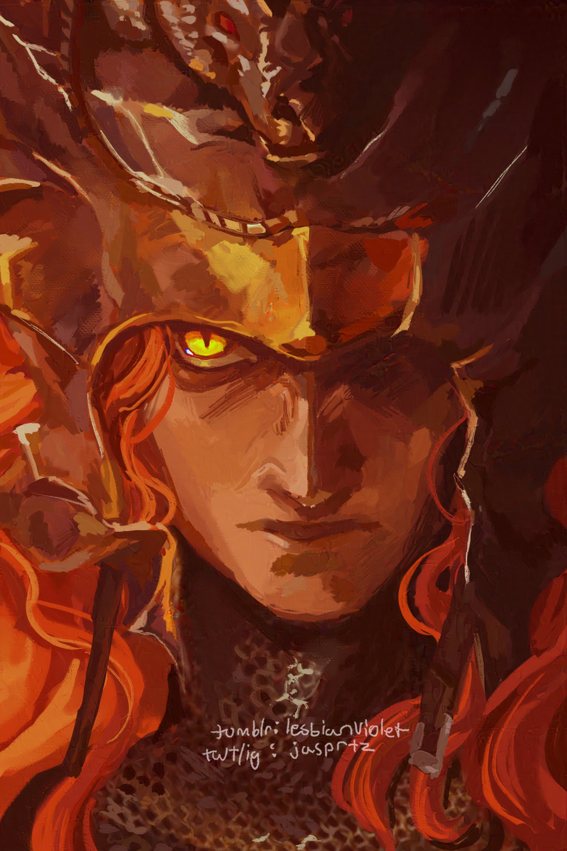 Elden Ring-inspired phone wallpaper featuring the intense gaze of Messmer the Impaler, a character depicted with a fiery orange backdrop and intricate armor details.