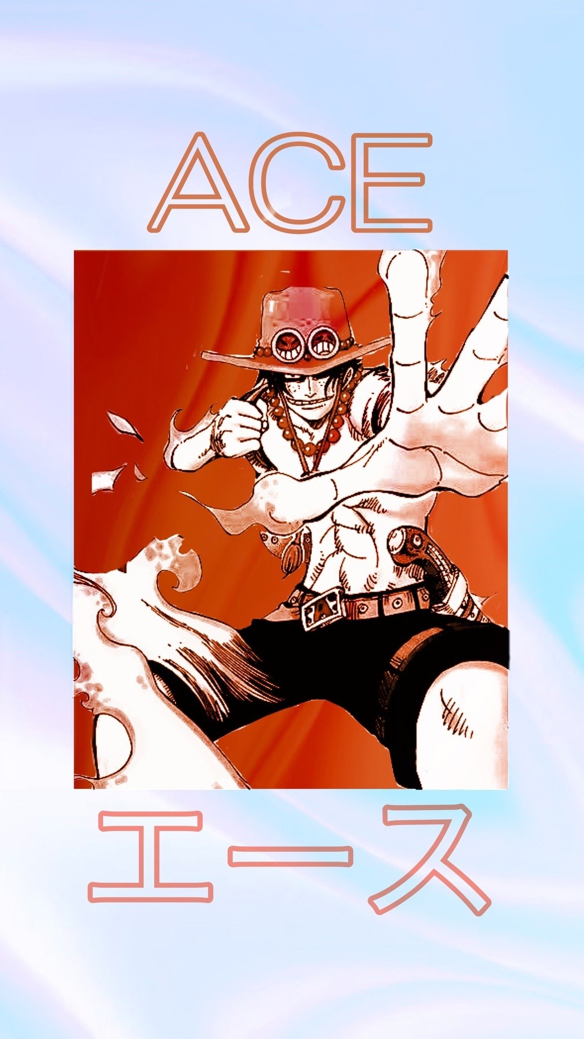 Anime character Portgas D. Ace from One Piece on a mobile phone wallpaper with a dynamic pose and fiery elements.