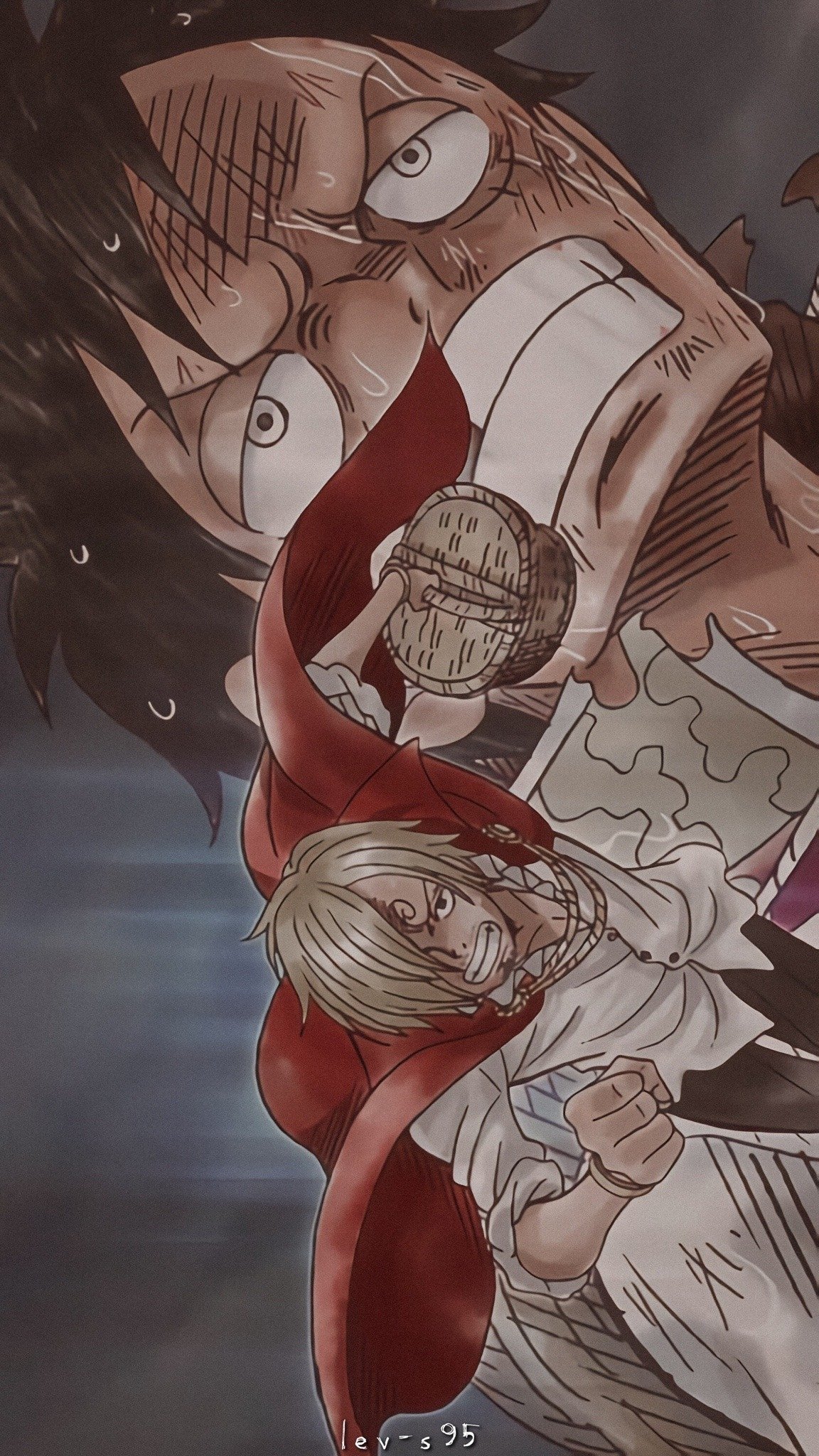 Anime One Piece wallpaper featuring Monkey D. Luffy and Sanji in dynamic poses for mobile phone.