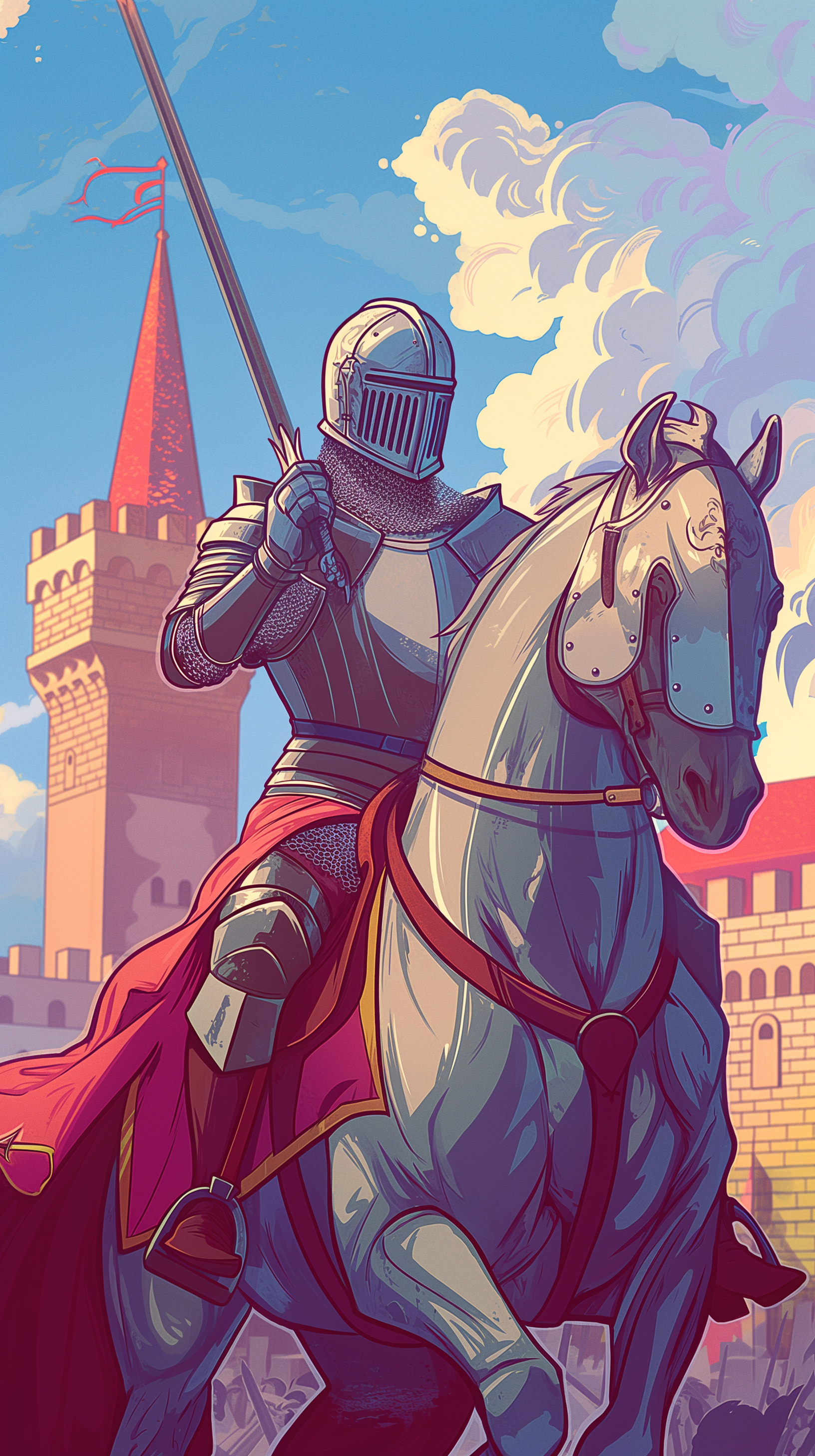 A knight in chainmail rides a majestic horse, wielding a sword, against the backdrop of a castle and vibrant sky. This striking image makes an adventurous phone wallpaper.