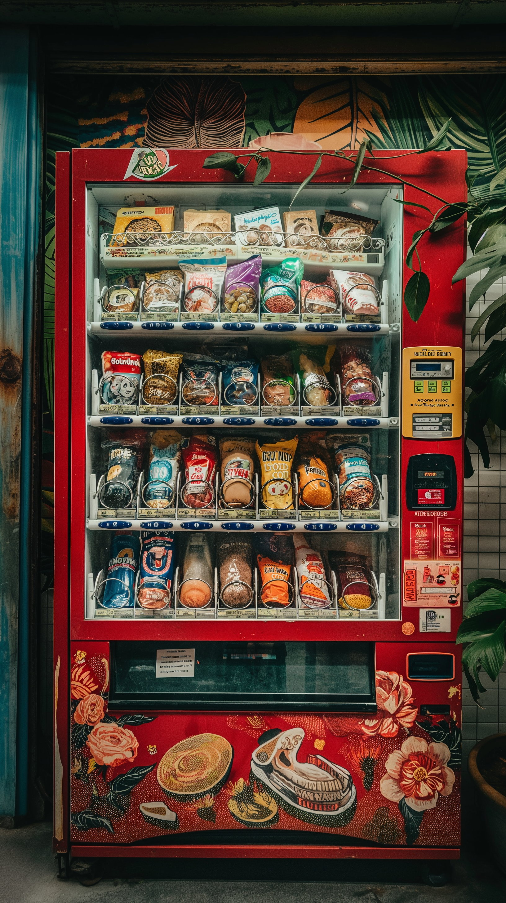 A colorful vending machine stocked with various snacks and drinks, set against a vibrant, leafy backdrop, makes a striking phone wallpaper.