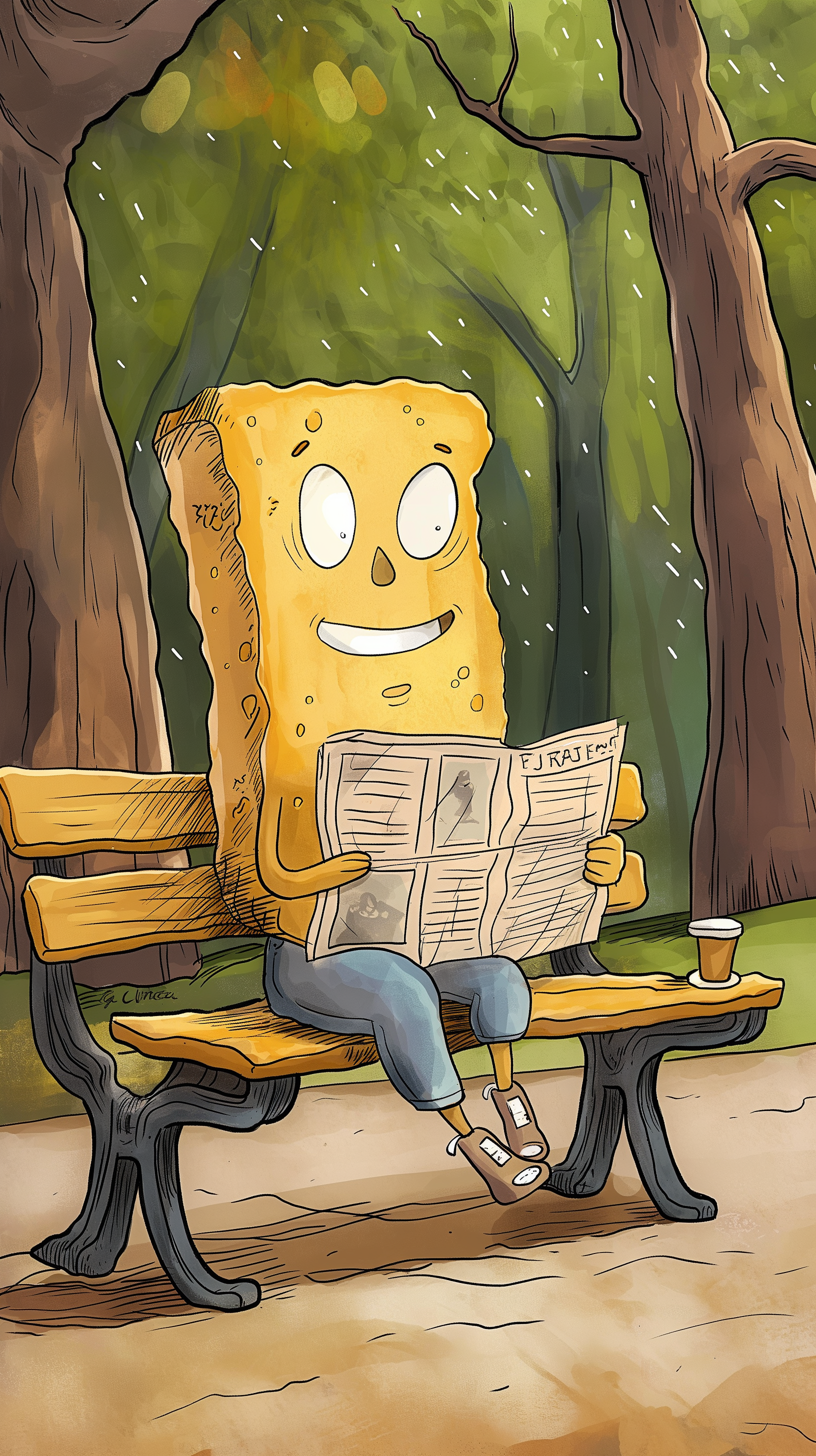 Whimsical phone wallpaper featuring an anthropomorphic slice of toast reading a newspaper on a park bench.