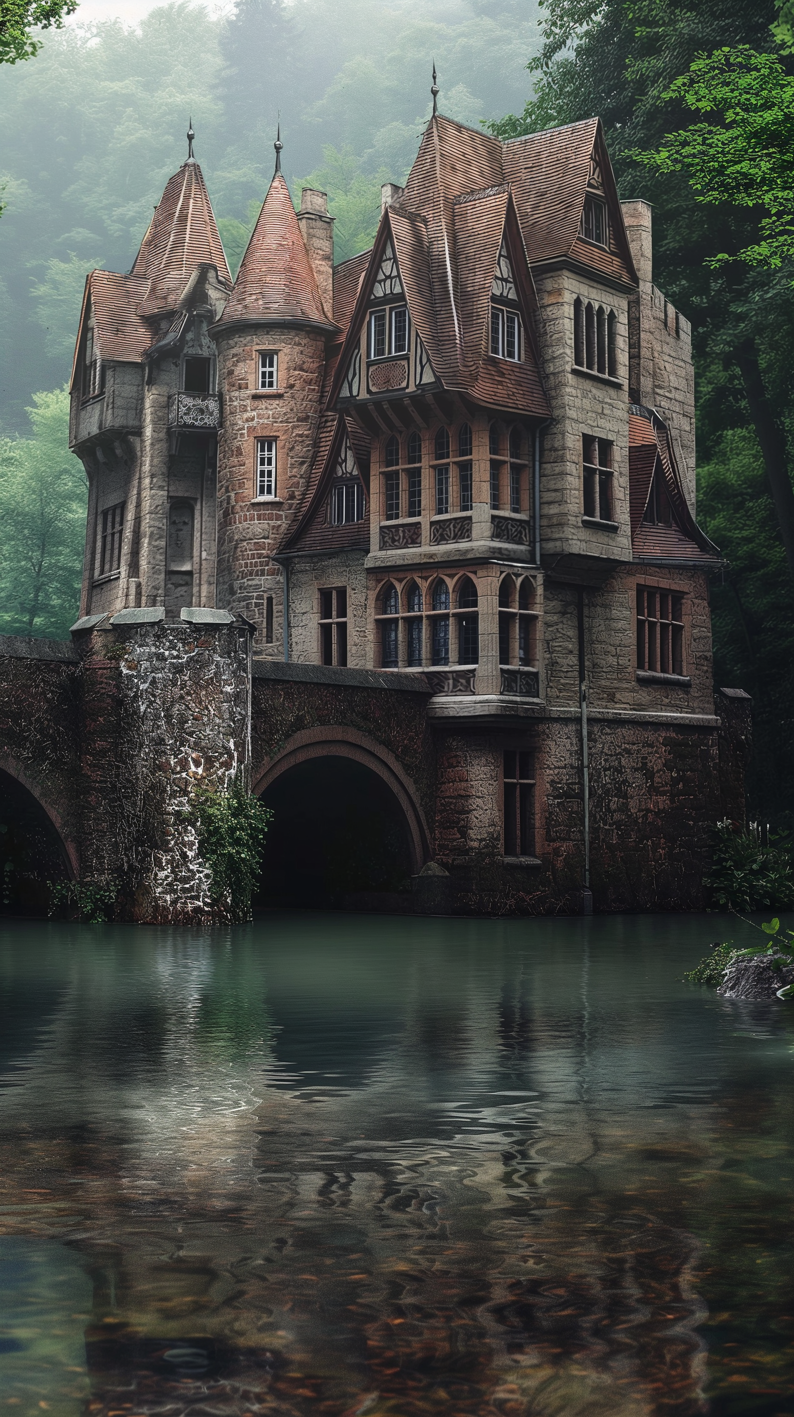 A majestic castle stands amidst a serene flood, surrounded by a tranquil moat, with lush greenery in the background, creating a captivating phone wallpaper.