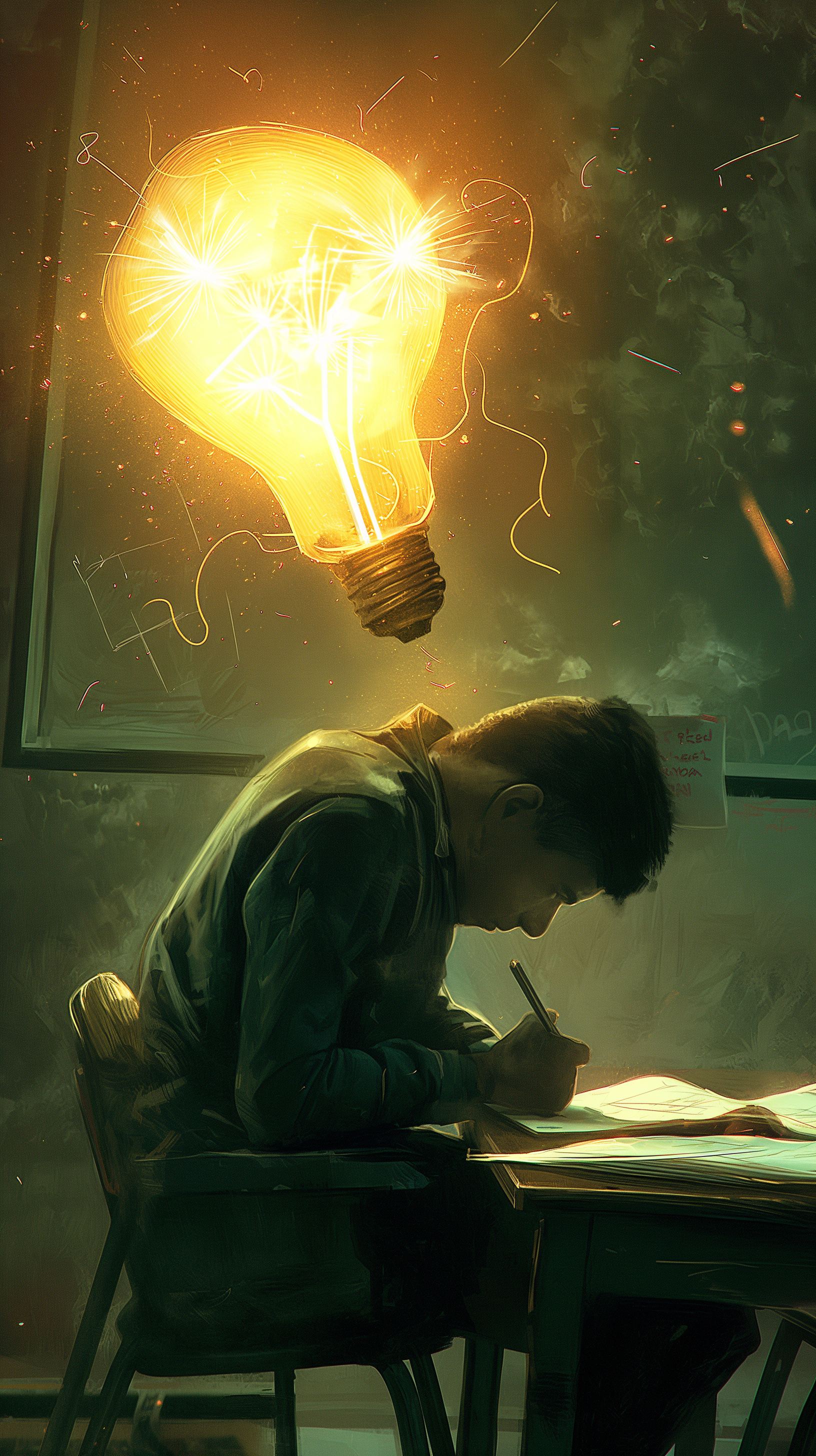 A student studies intently at a desk, with a glowing light bulb above, representing inspiration and creativity. This phone wallpaper captures the essence of exam preparation.