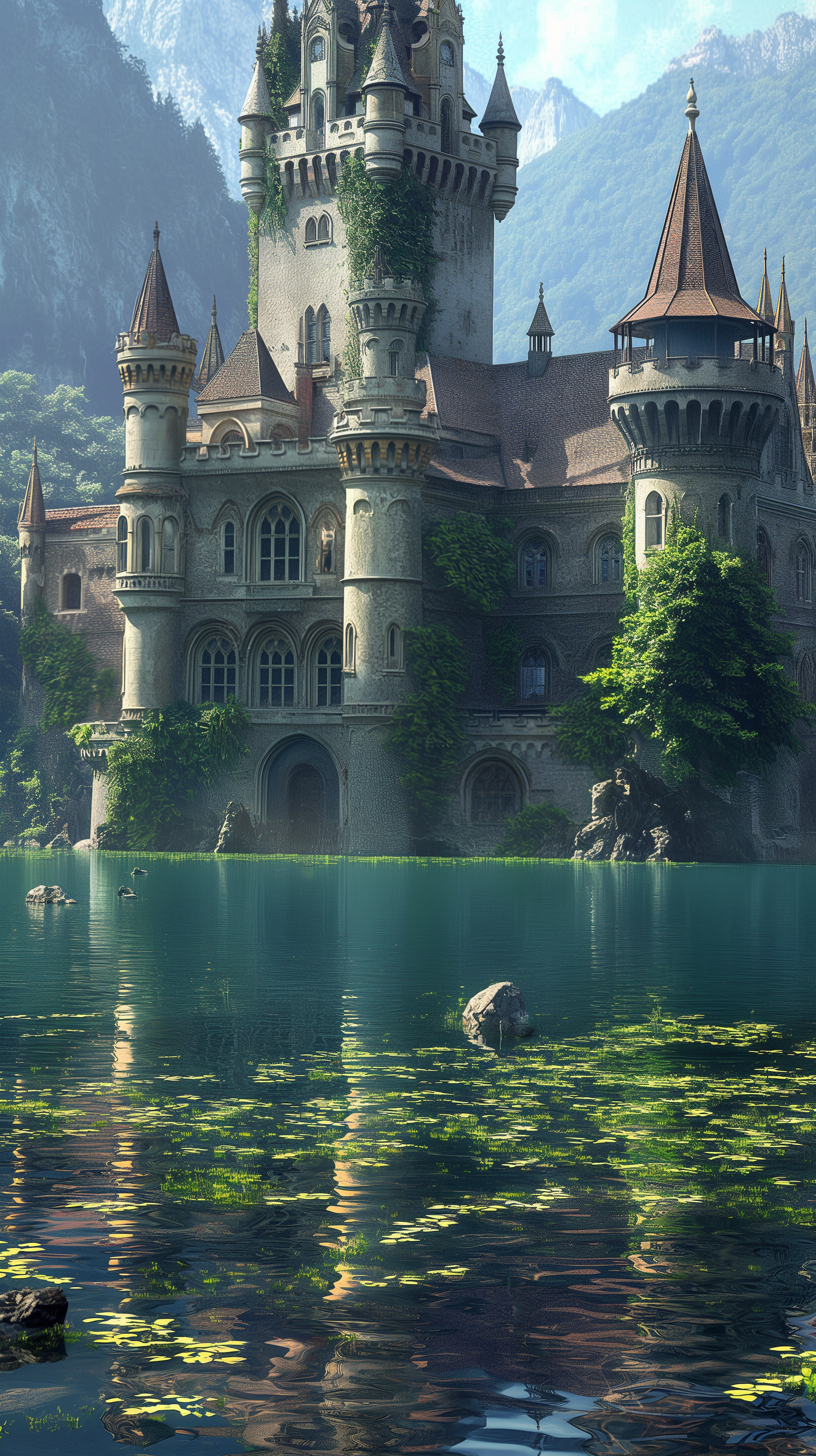 Majestic ivy-covered castle by a tranquil flooded lake for phone wallpaper.