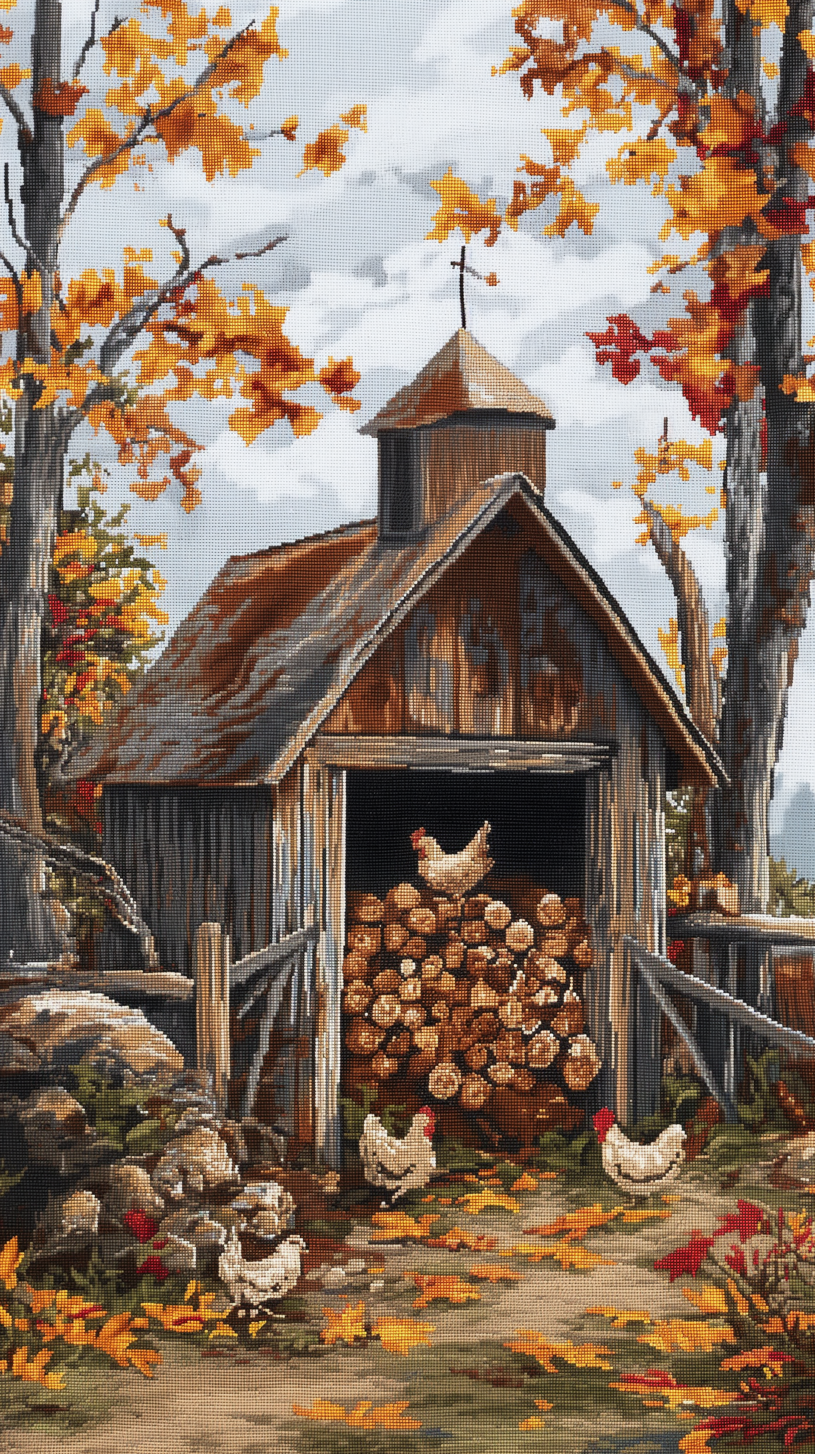 Pixel art wallpaper featuring chickens near a wooden barn with autumn foliage.