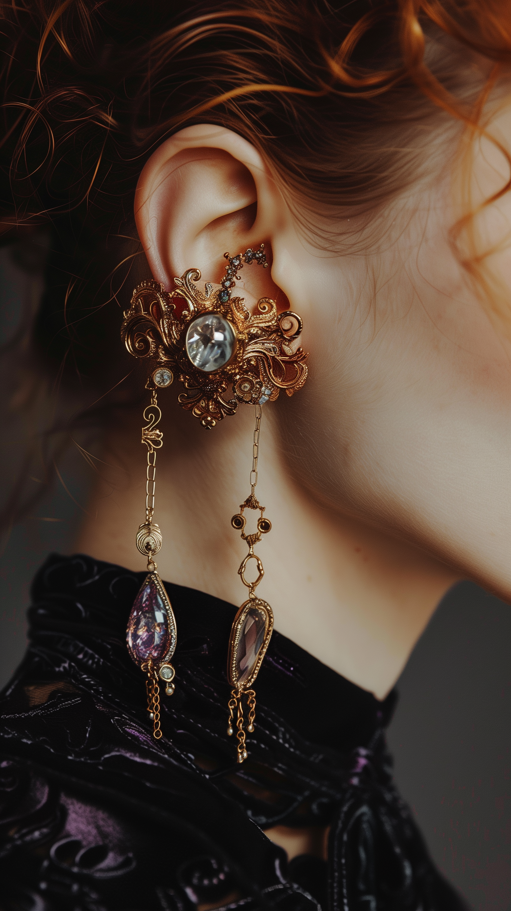 An elegant phone wallpaper featuring a close-up of ornate gold earrings with hanging gemstones, showcasing intricate design and shimmering beauty against a dark, stylish background.