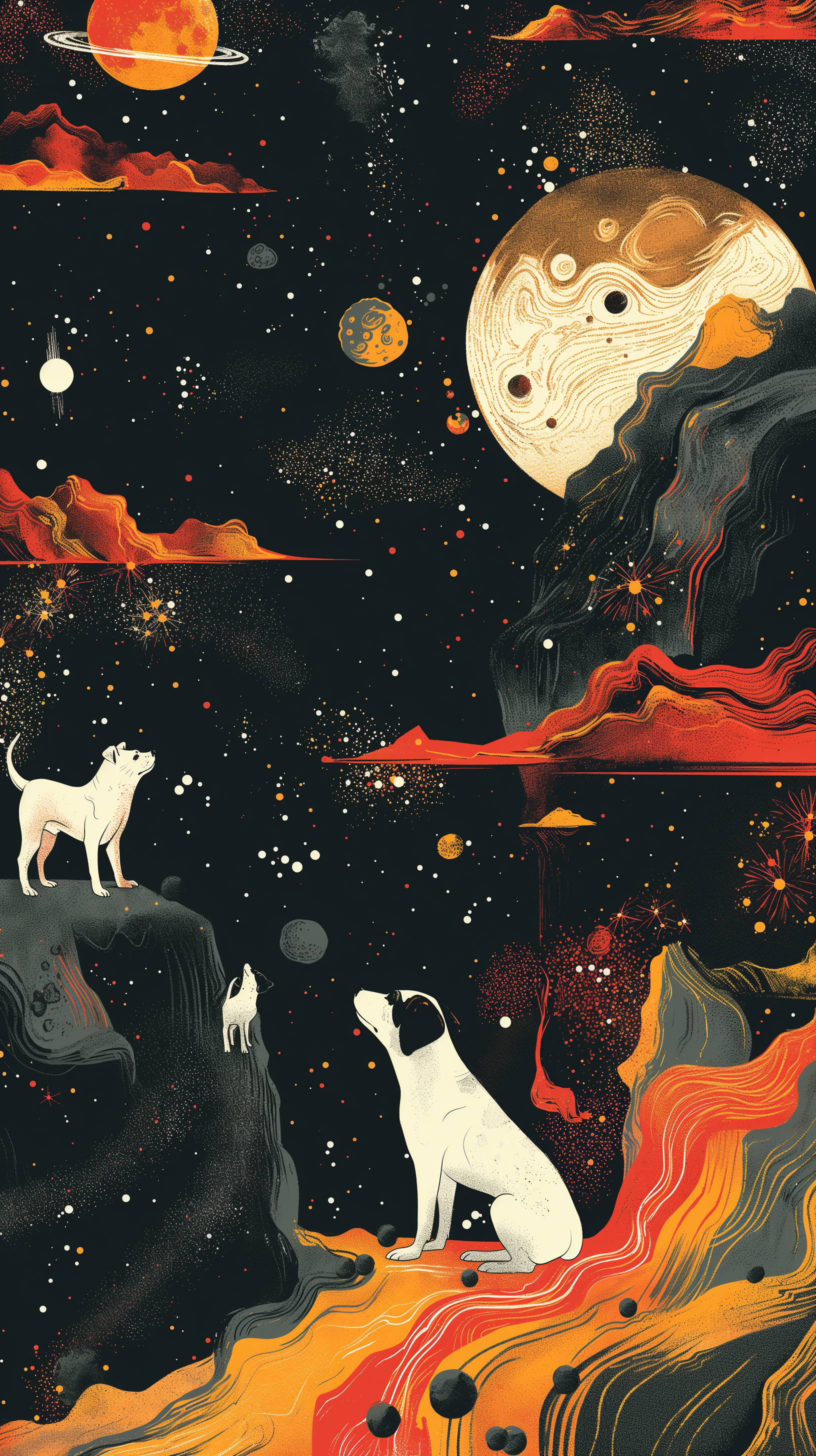 Artistic phone wallpaper featuring dogs in a whimsical space setting with planets and stars.