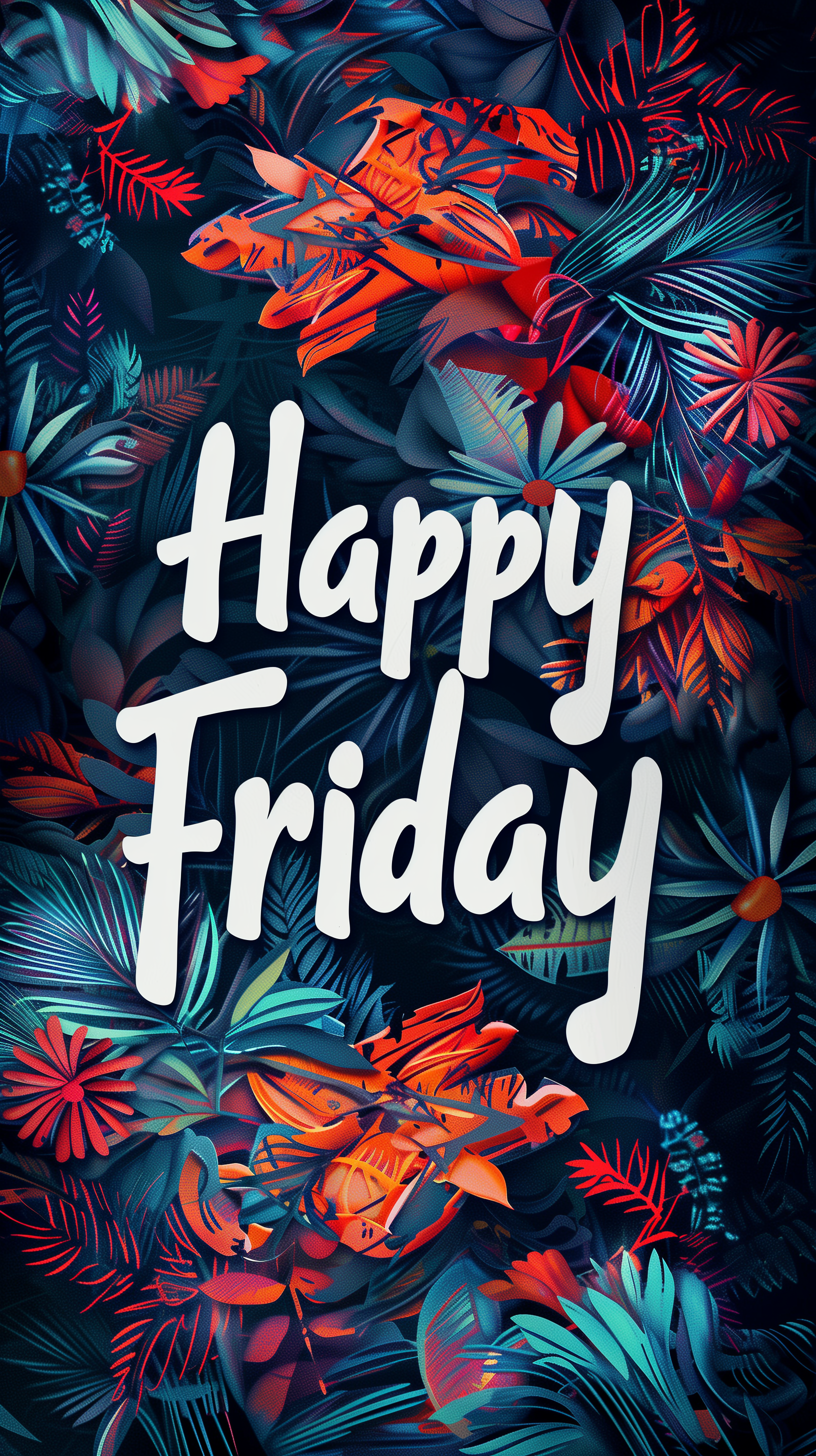 A colorful phone wallpaper featuring vibrant tropical leaves and flowers, overlayed with the cheerful text Happy Friday in bold, playful font.