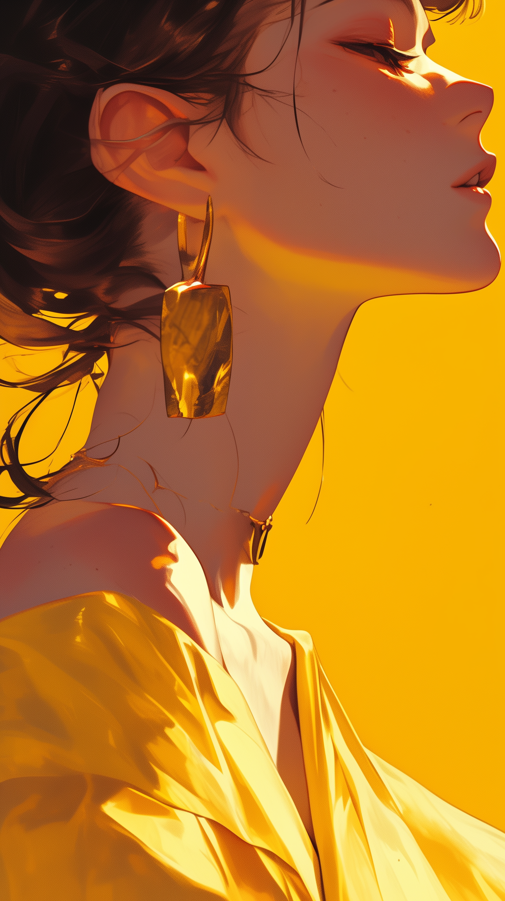 A striking aesthetic phone wallpaper featuring a woman with golden accessories, set against a vibrant yellow background that enhances her elegance and style.