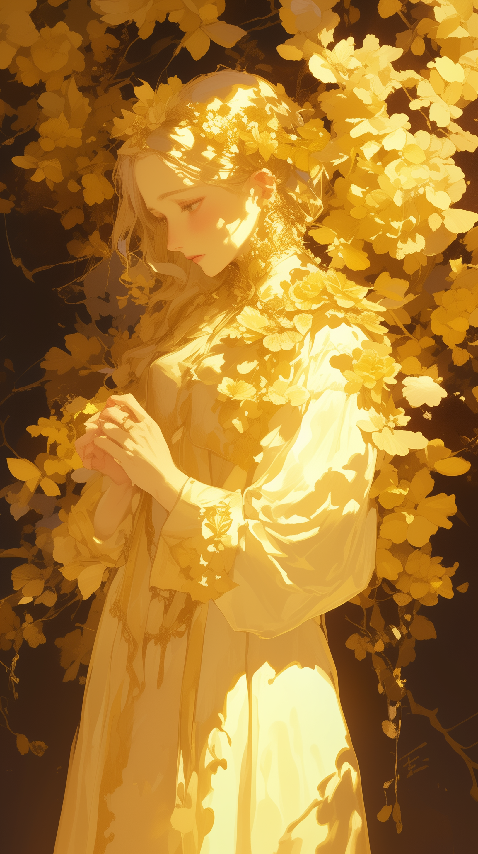 Aesthetic wallpaper of a woman surrounded by golden flowers for mobile phone background.