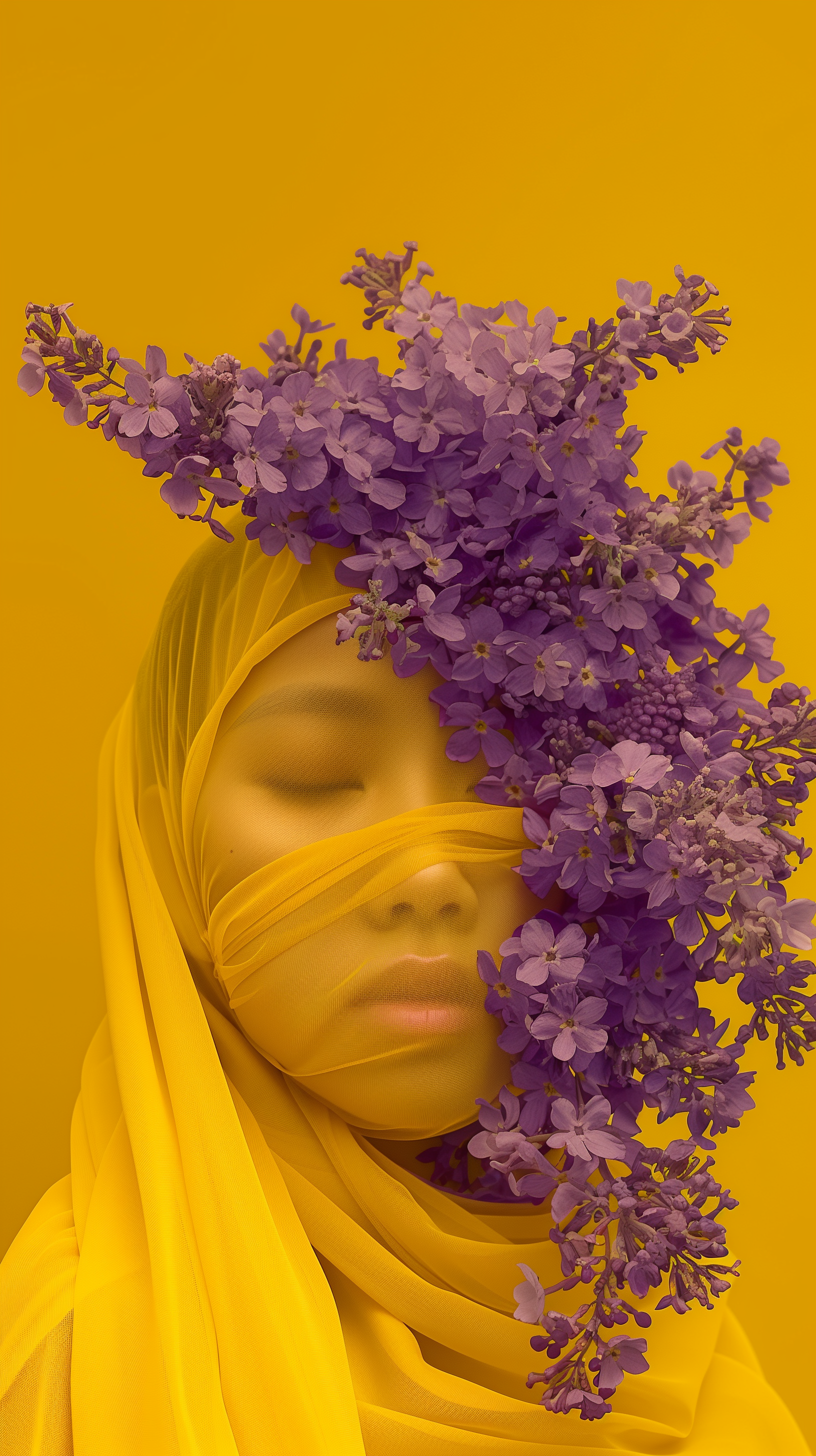 Aesthetic phone wallpaper featuring a woman with her head adorned with purple flowers and draped in a yellow scarf against a monochrome yellow background.
