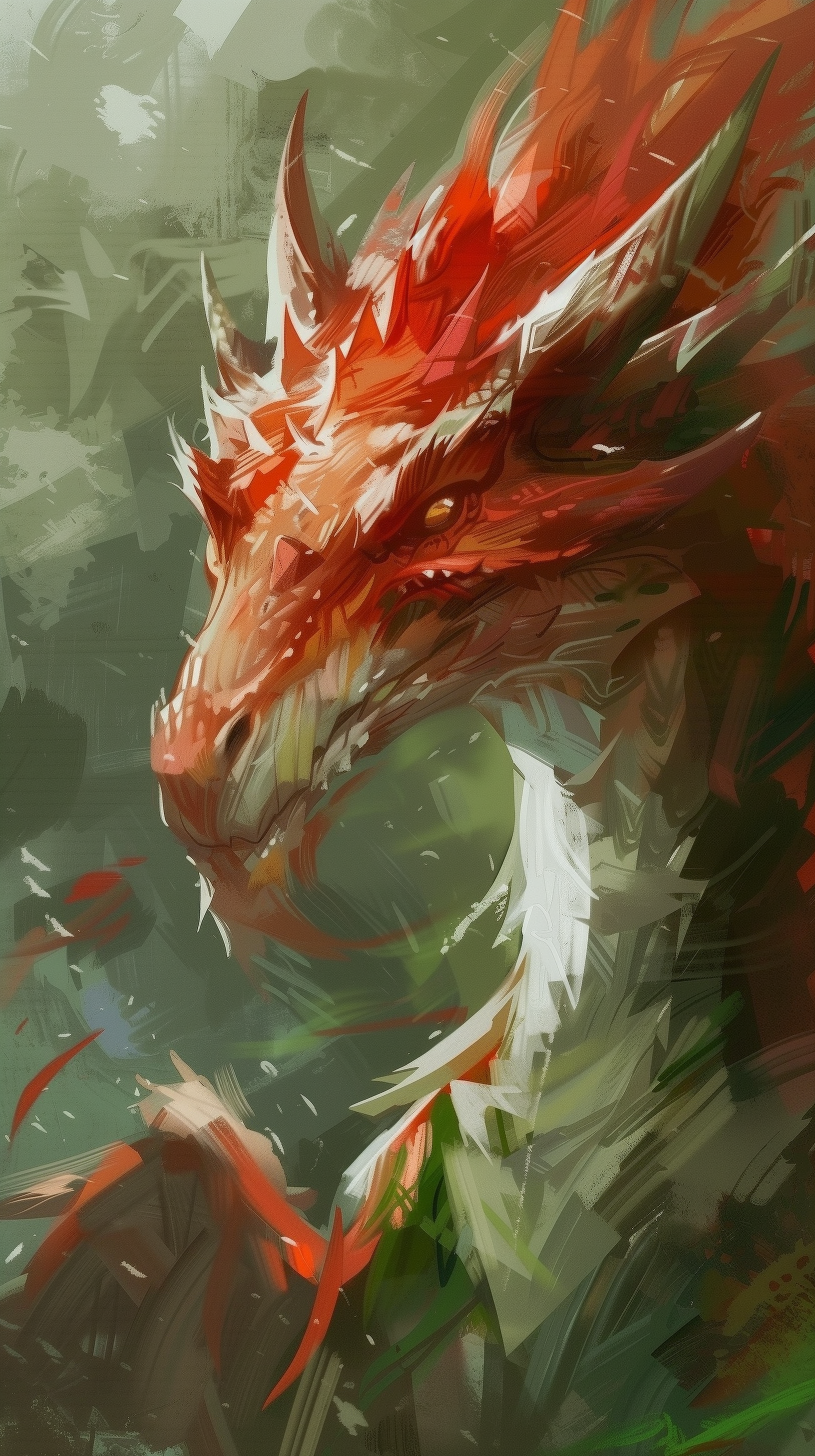 Fantasy-themed phone wallpaper featuring the fierce head of a red dragon with a vibrant and artistic brush stroke style.
