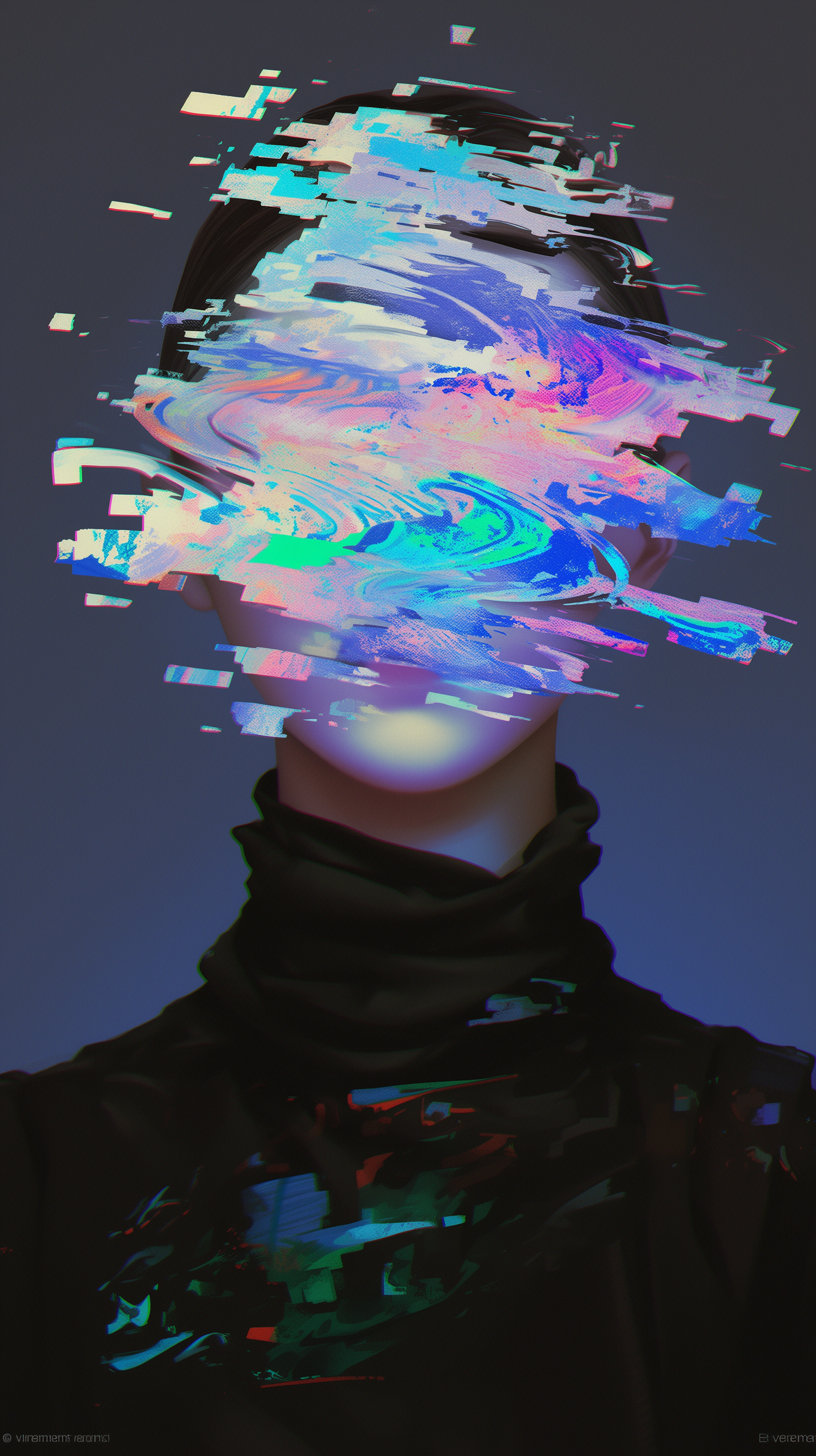 Abstract phone wallpaper featuring a woman with a colorful glitch effect distorting her head.