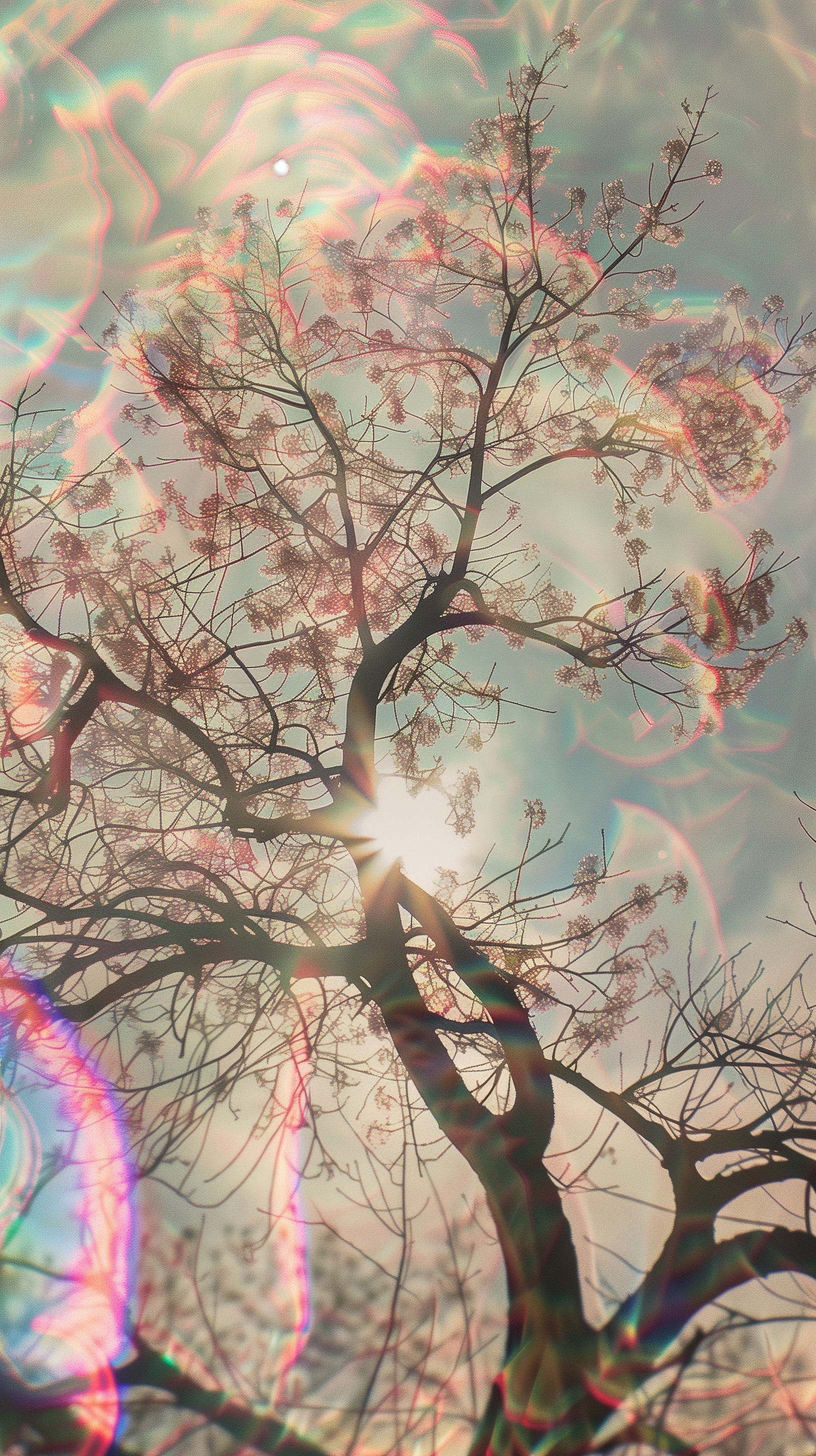 Sunlight filters through delicate spring blossoms on a tree, creating soft, colorful reflections. This nature-inspired phone wallpaper fits both iPhone and Android screens.
