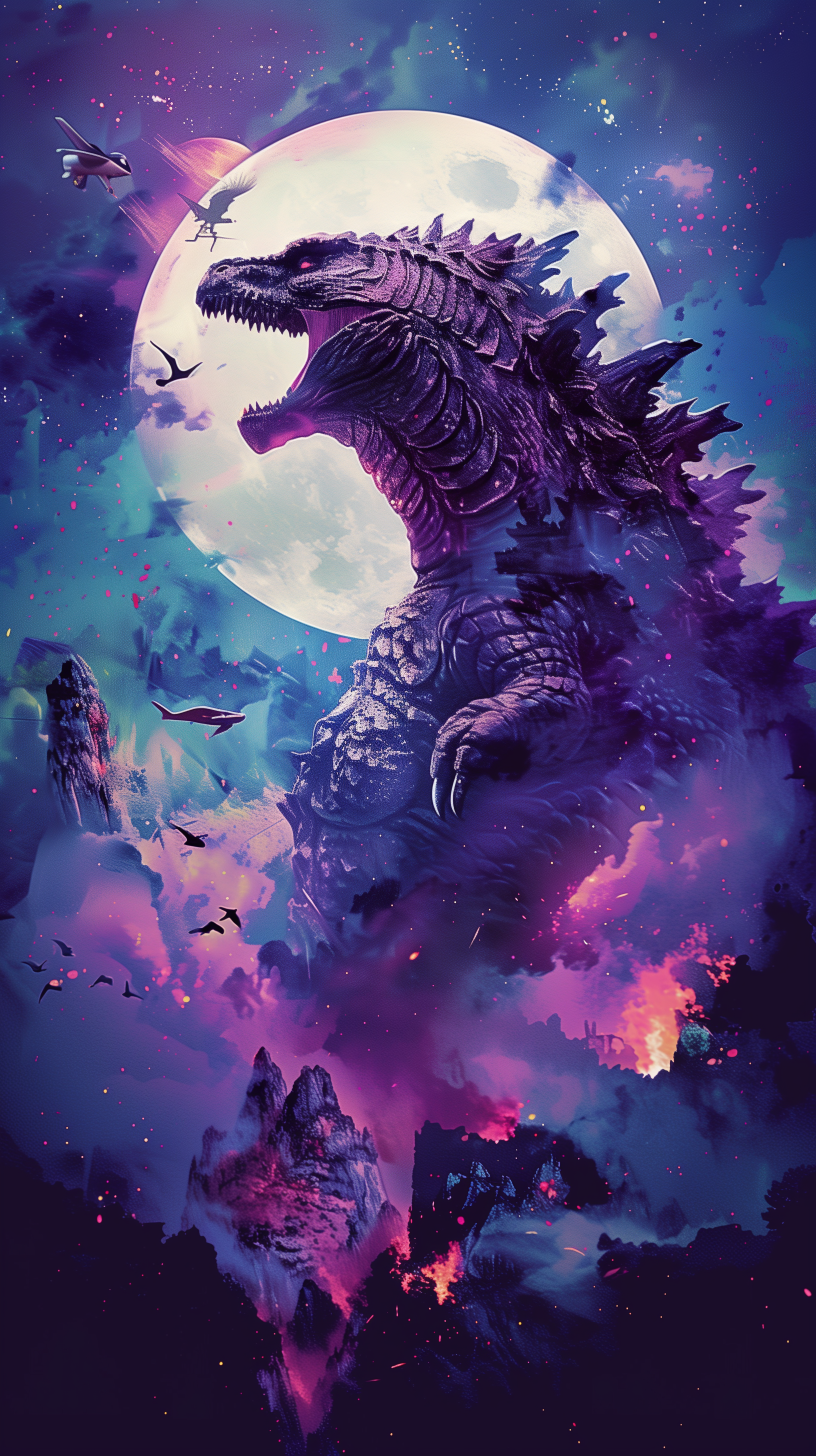 A vivid phone wallpaper featuring Godzilla with a stylized cosmic background in shades of purple and blue, with the silhouette of the creature set against a full moon.