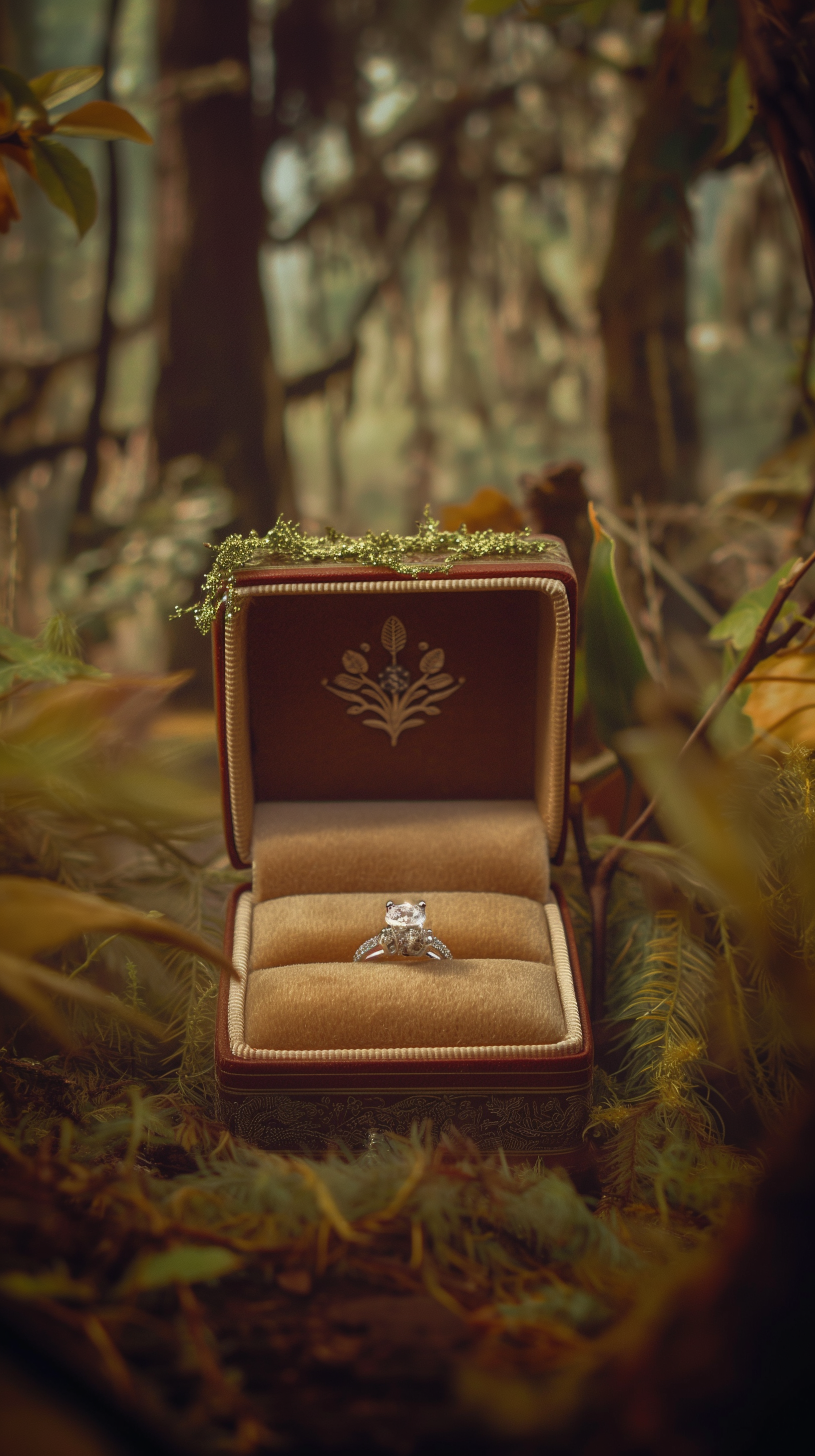 A stunning wedding ring rests in a beautifully crafted box, surrounded by lush greenery, creating a romantic and enchanting phone wallpaper.