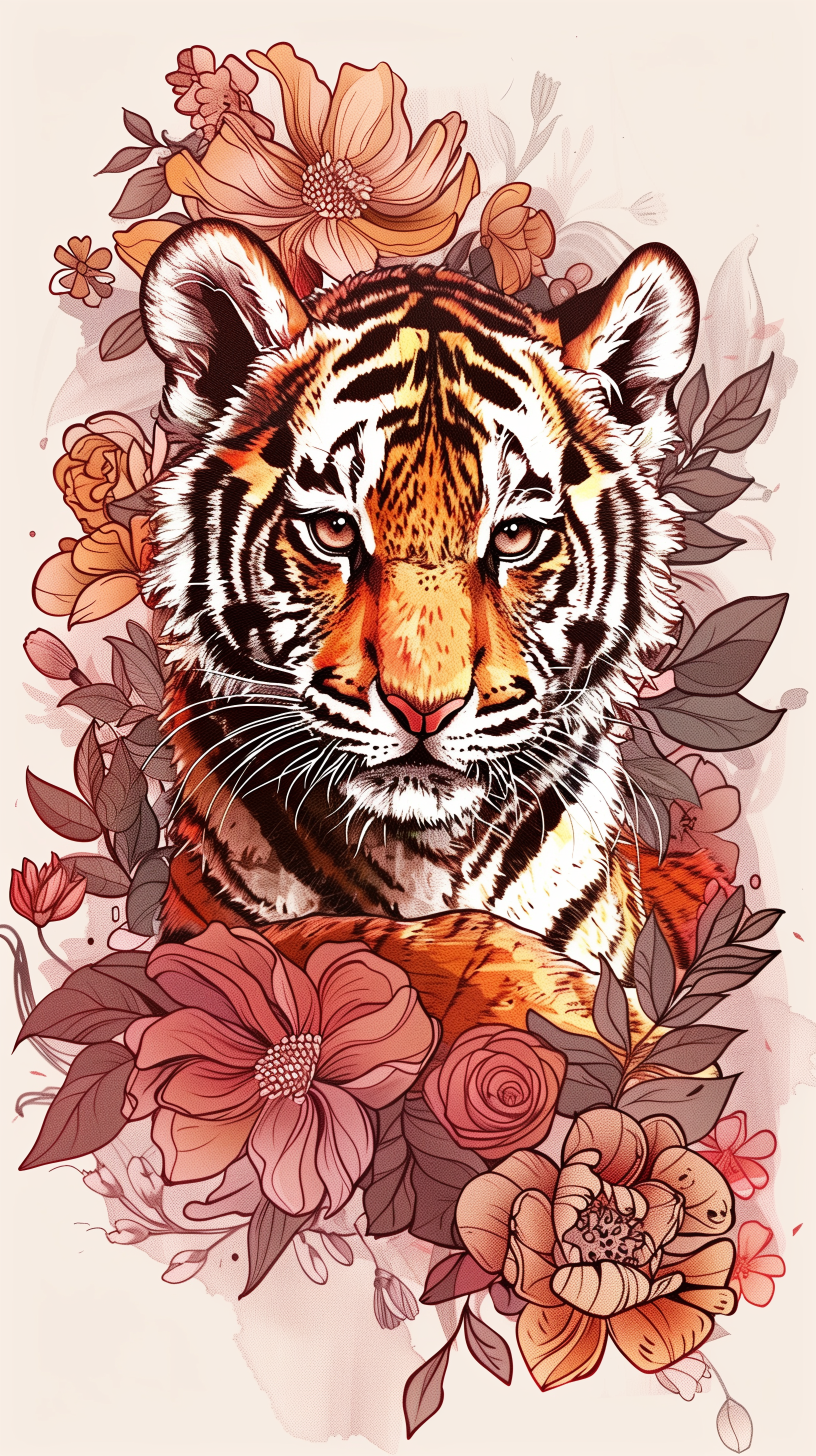 Illustration of a tiger cub surrounded by flowers, designed for use as a phone wallpaper.