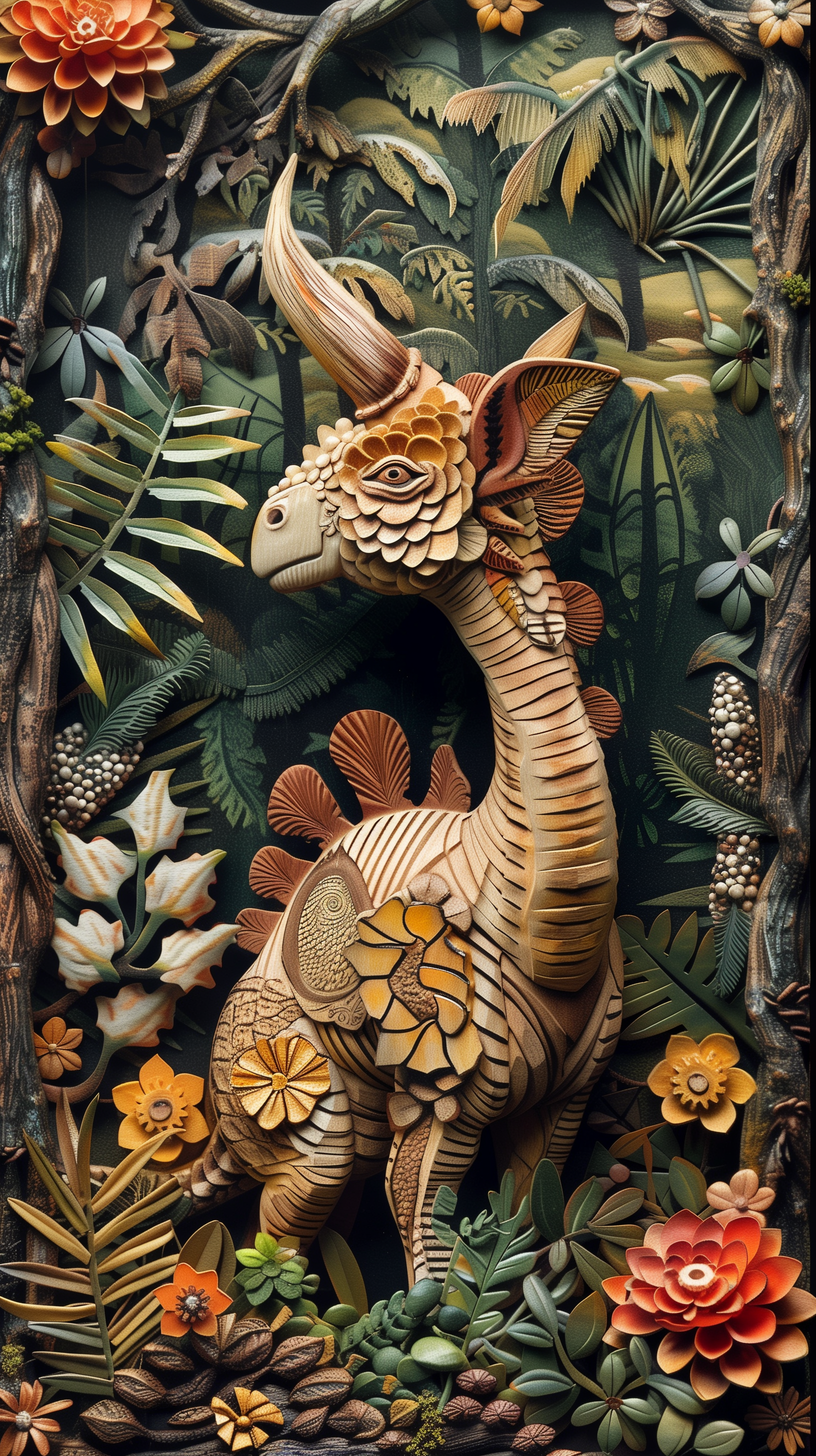 Artistic phone wallpaper featuring a detailed wooden carving of a dinosaur amidst a lush, carved botanical backdrop, evoking a sense of natural history and craftsmanship.