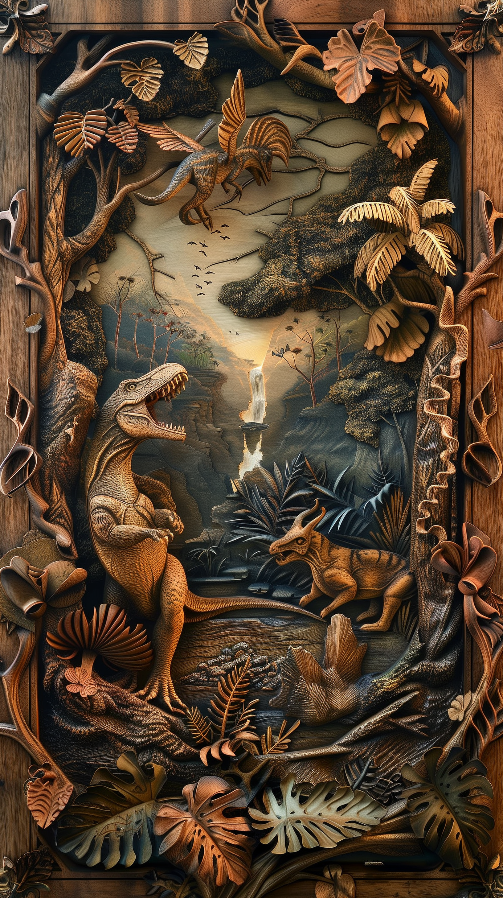 Intricately carved wooden phone wallpaper featuring a detailed scene with a dinosaur, lush foliage, and a cascading waterfall in the background.