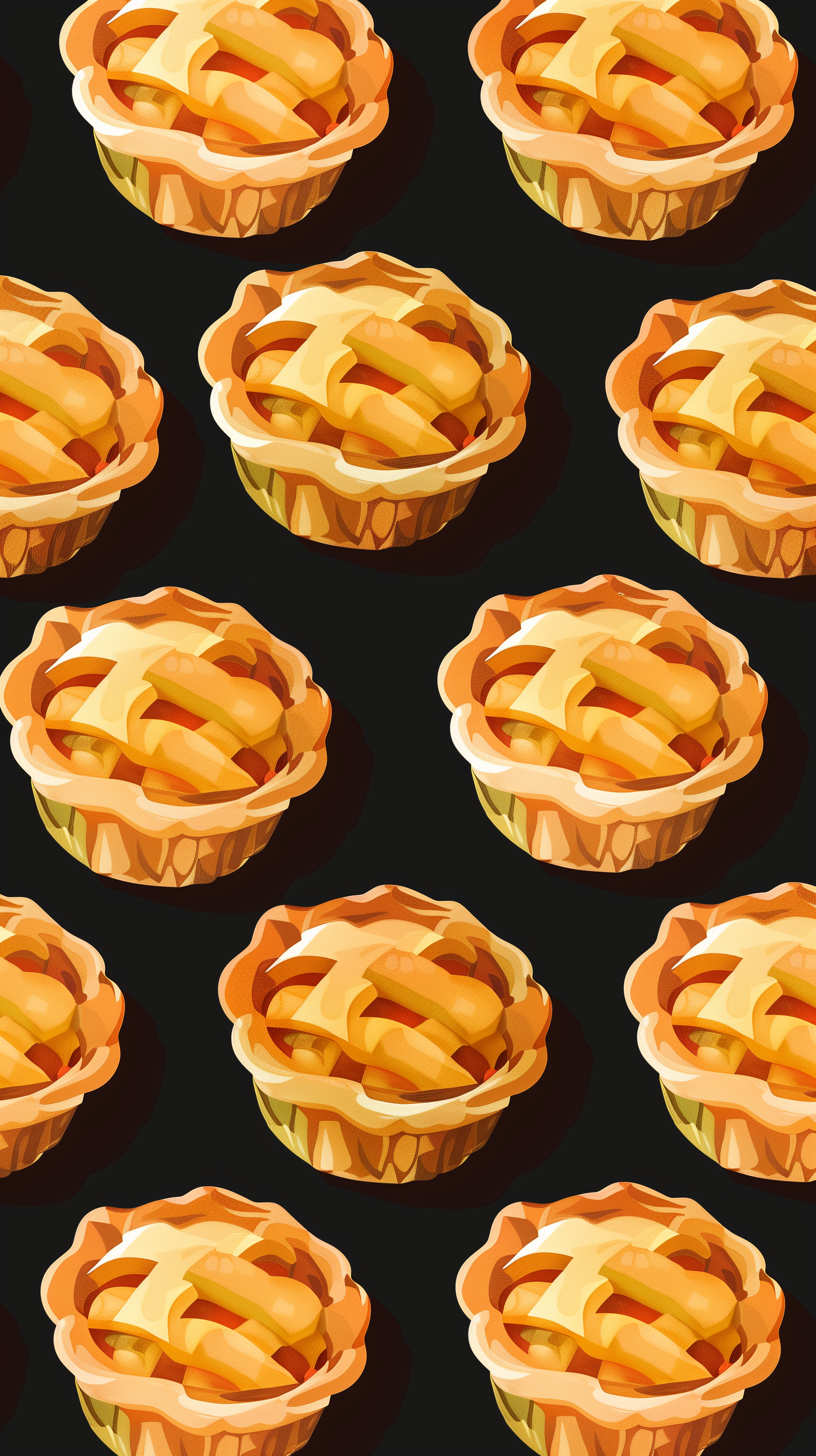 A phone wallpaper featuring a pattern of illustrated apple pies on a dark background.
