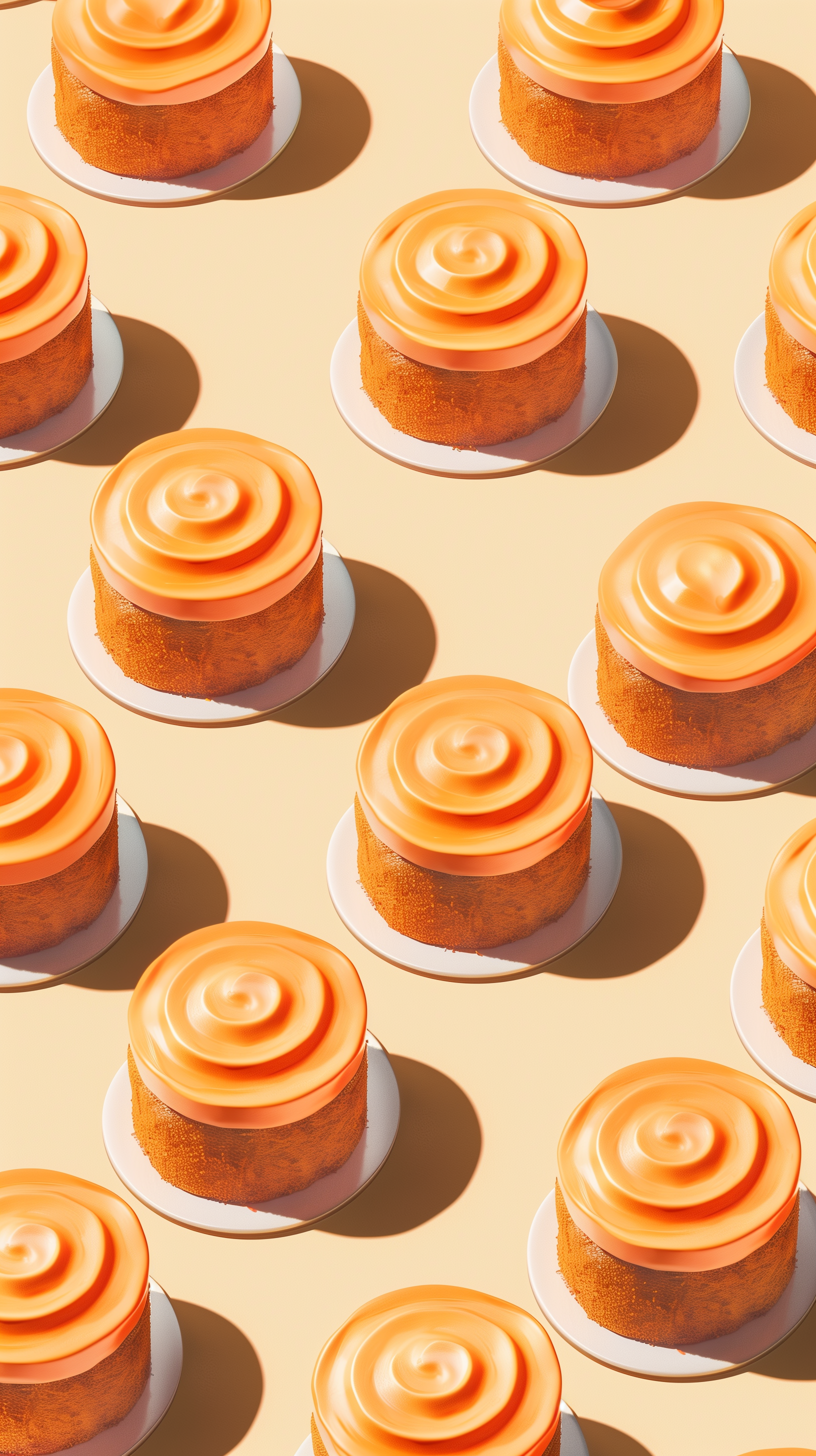 A phone wallpaper featuring multiple carrot cakes with smooth icing on a yellow background, arranged in a repeating pattern.