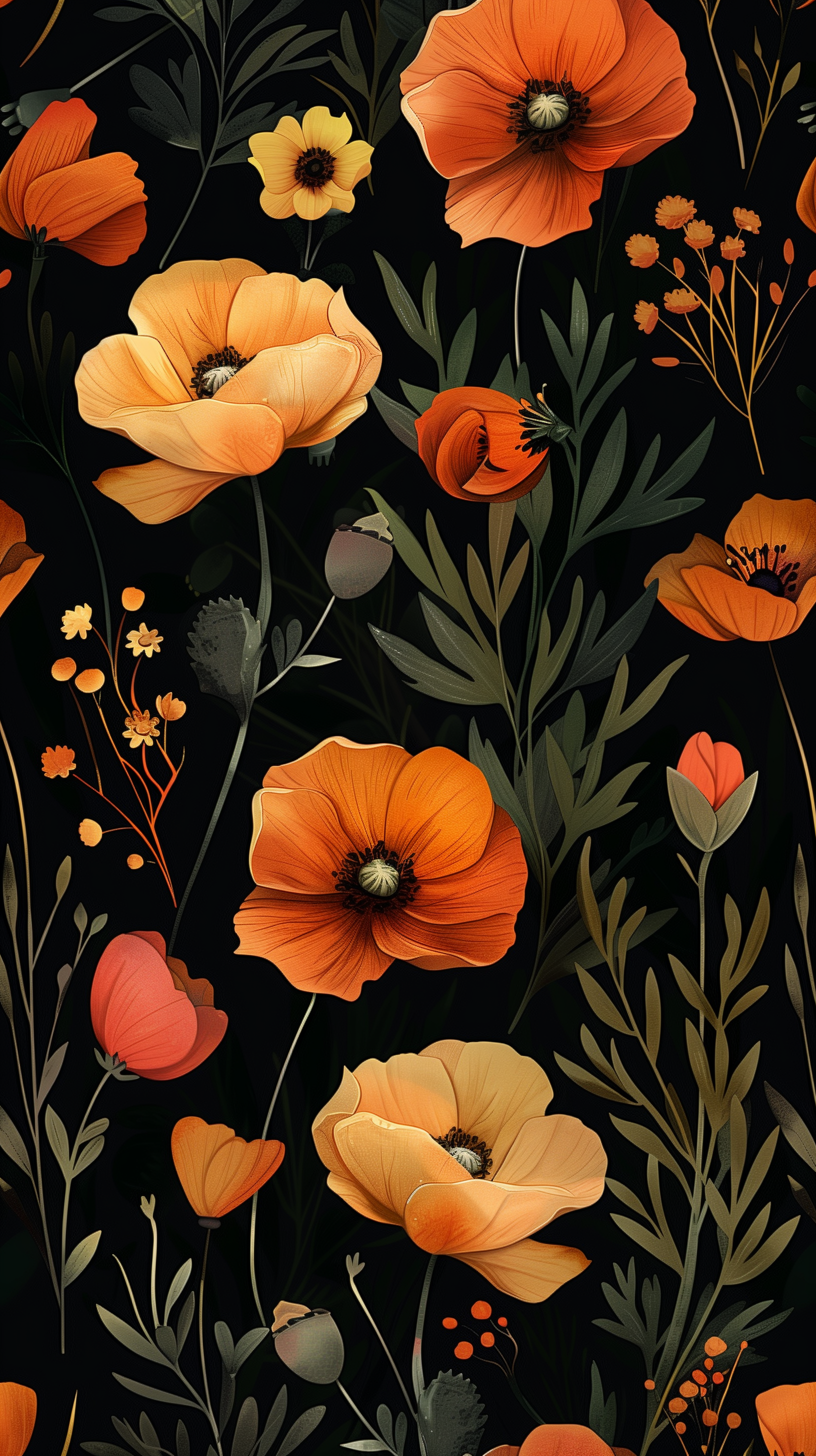 Elegant phone wallpaper featuring a pattern of California poppies in shades of orange and yellow with green foliage on a dark background.