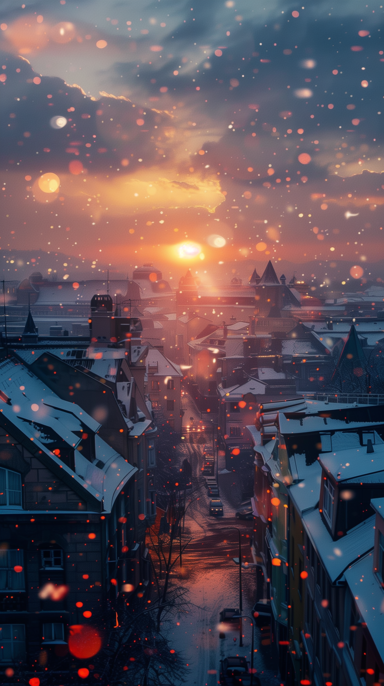 A phone wallpaper featuring a snowy city during a winter sunrise, with the warm glow of the sun illuminating the snow-covered buildings and streets, and gentle snowflakes falling in the foreground.