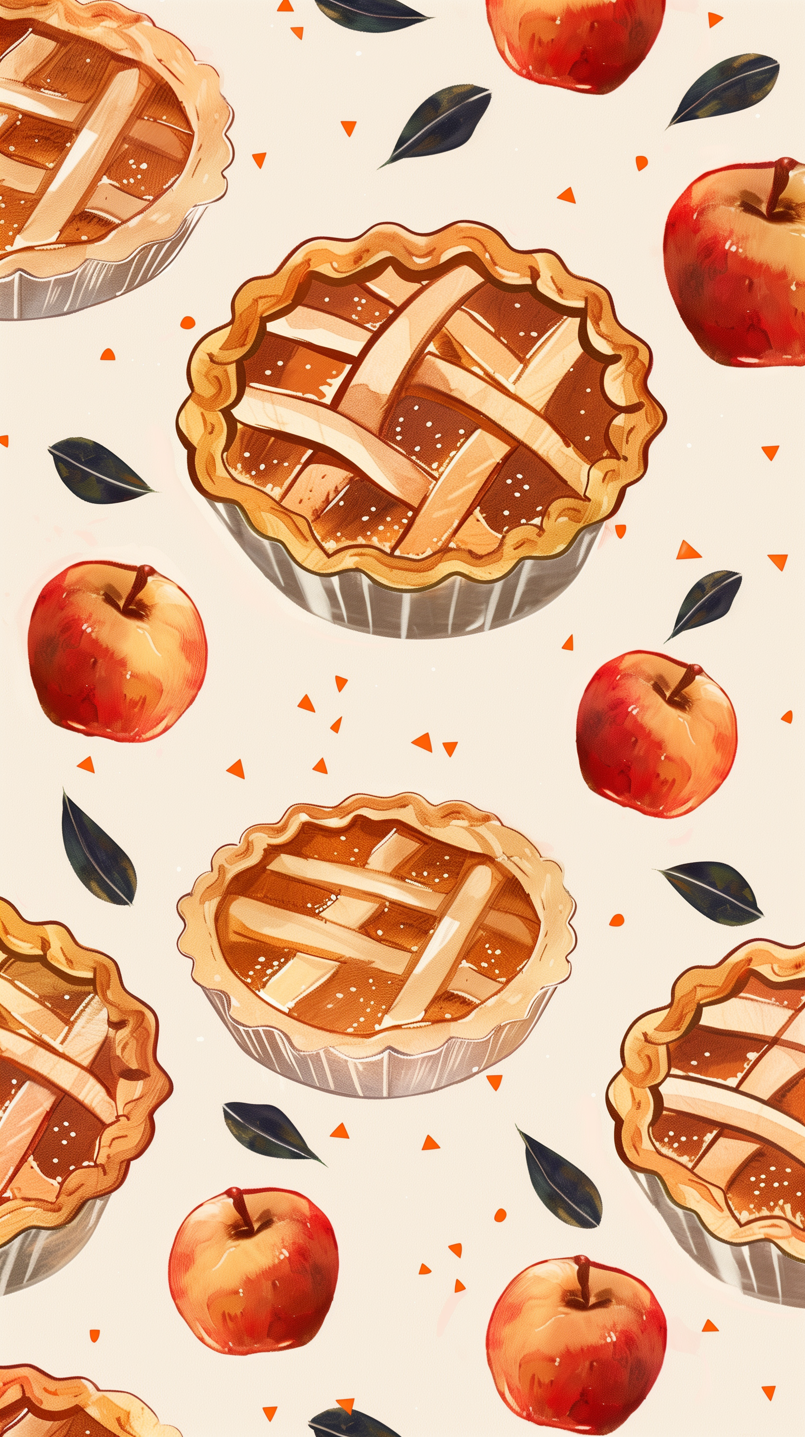 A whimsical phone wallpaper featuring vibrant apple pies and fresh apples, surrounded by playful leaves and orange accents, creating a delightful culinary theme.